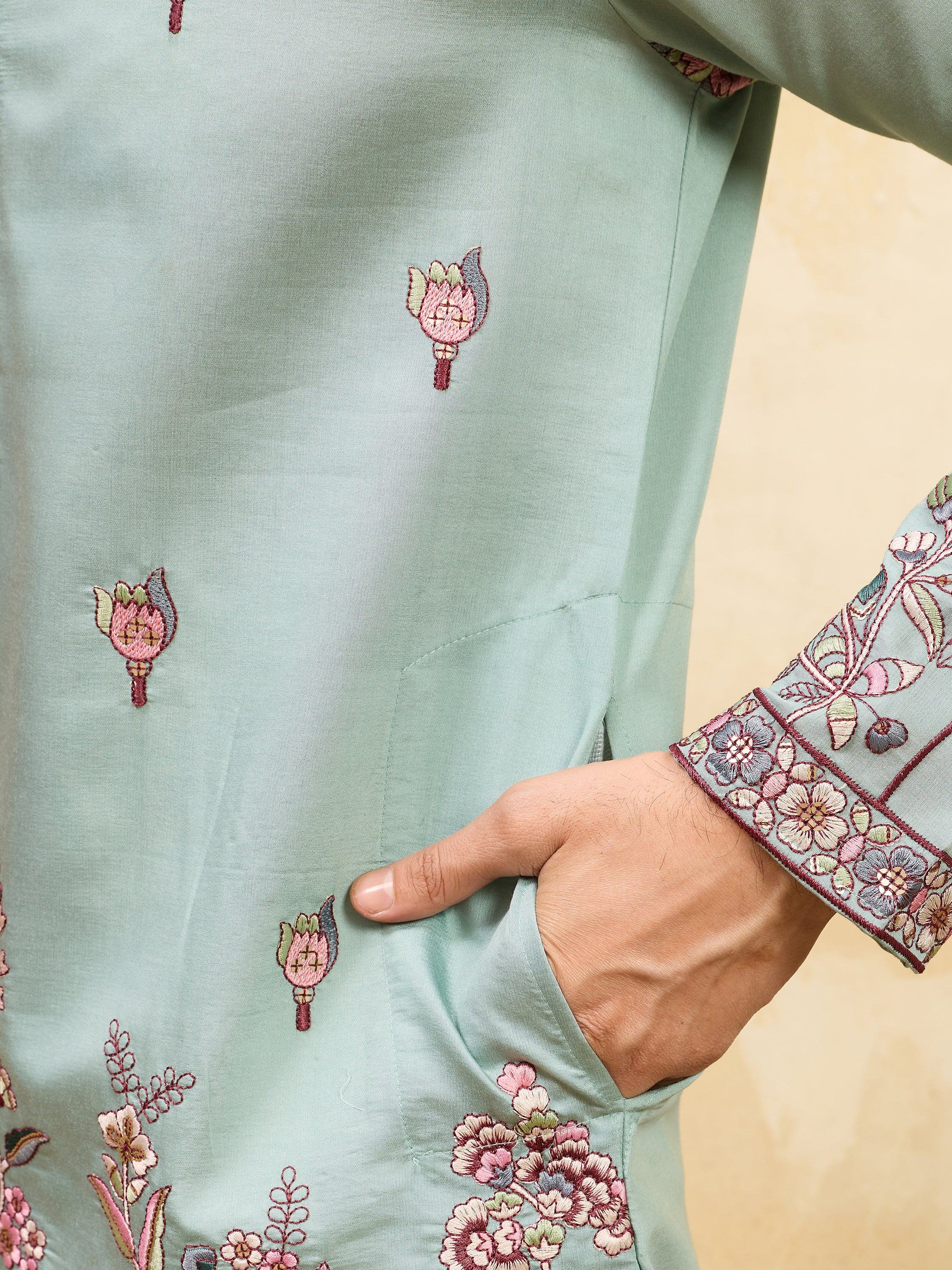Precious Pista Green Thread Embroidered Silk Men's Kurta With Dupatta