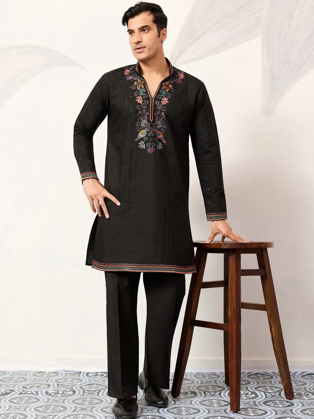 Outstanding Black Embroidered Silk Festival Wear Men’s Kurta