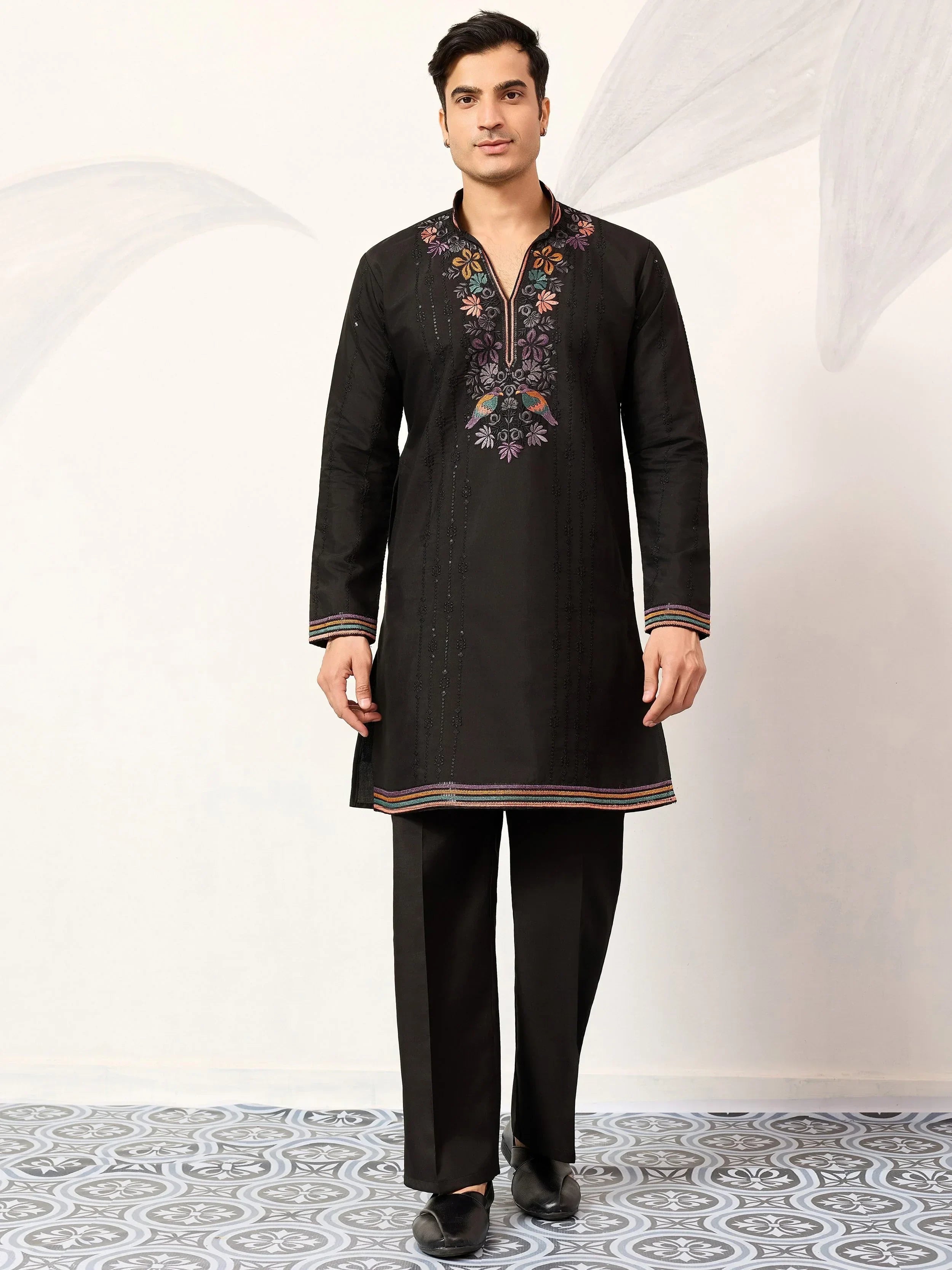 Outstanding Black Embroidered Silk Festival Wear Men’s Kurta