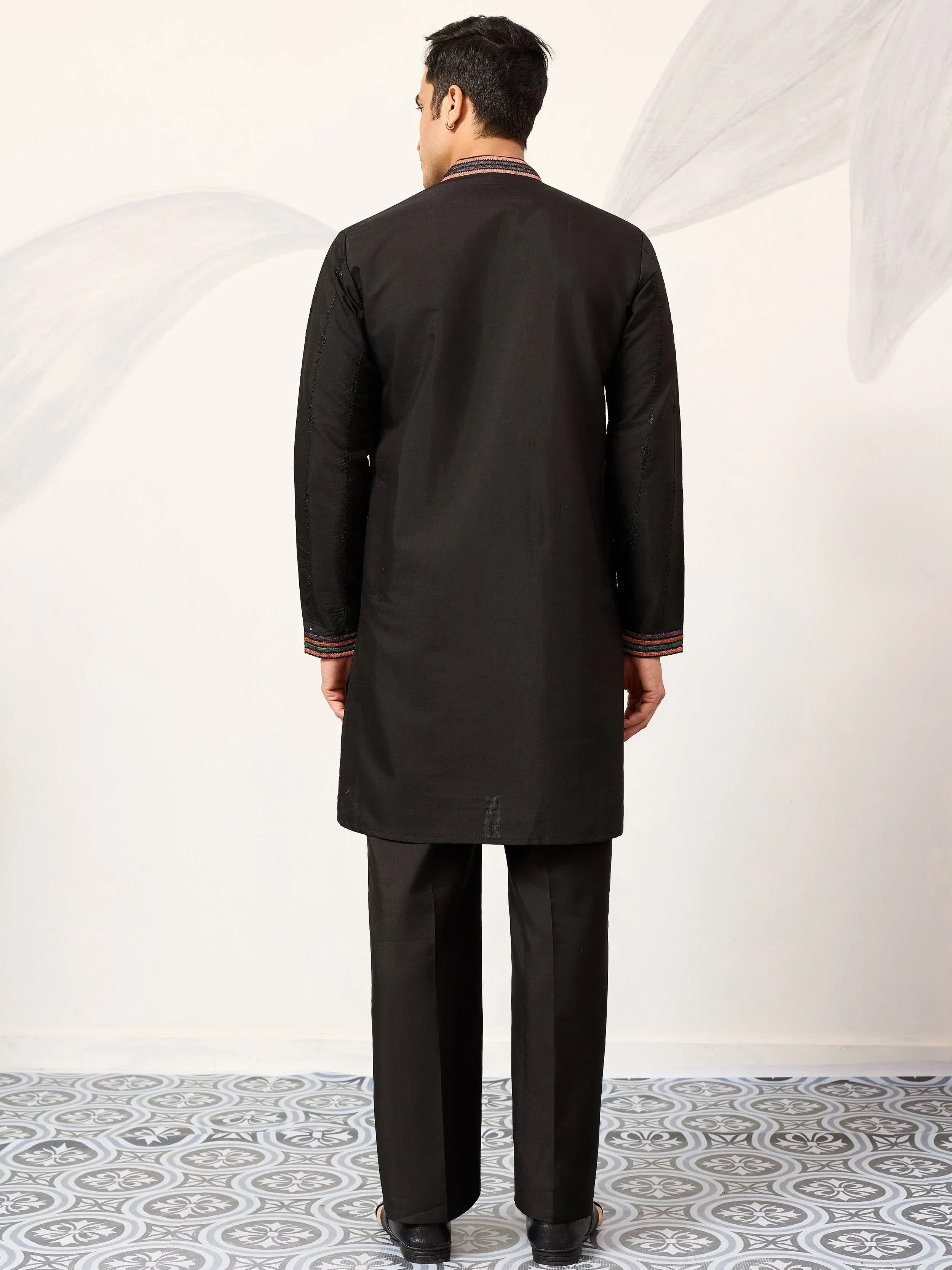Outstanding Black Embroidered Silk Festival Wear Men’s Kurta
