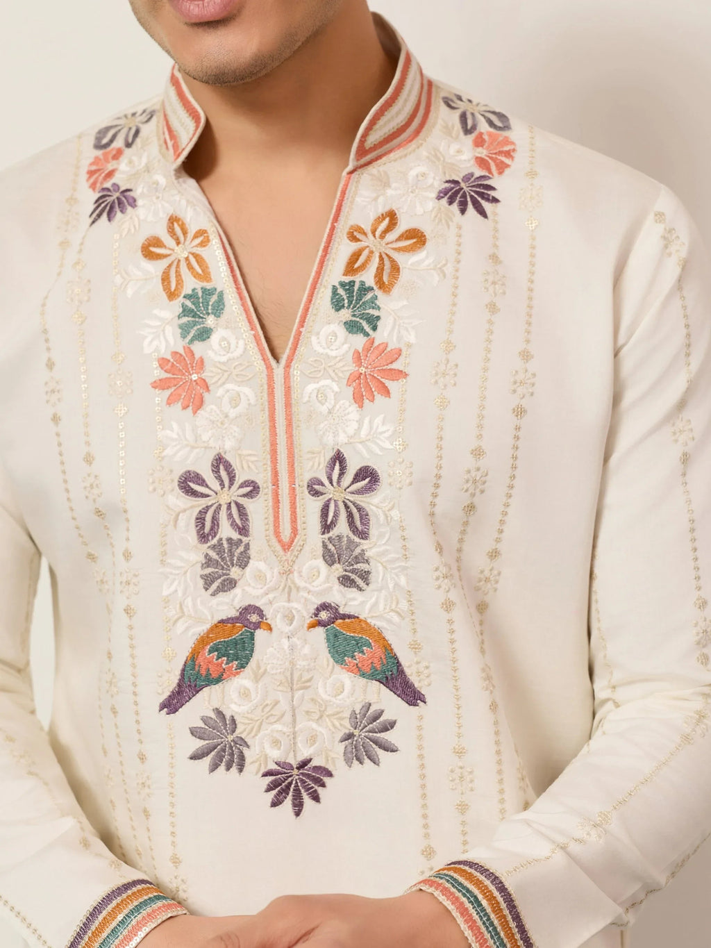 Enchanting Off-White Embroidered Silk Function Wear Men’s Kurta