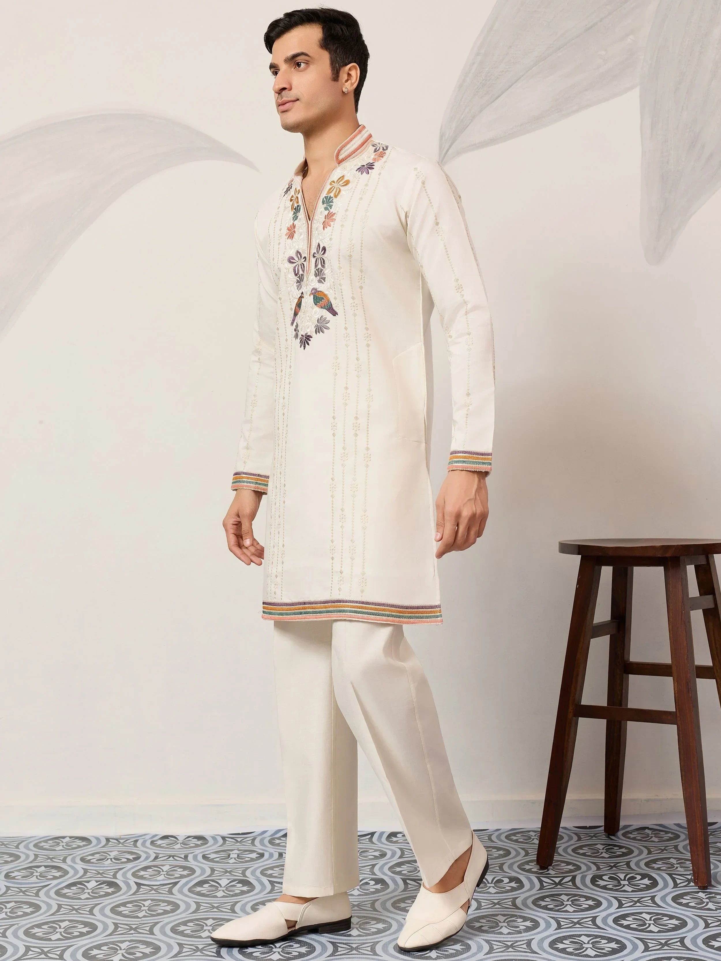 Enchanting Off-White Embroidered Silk Function Wear Men’s Kurta