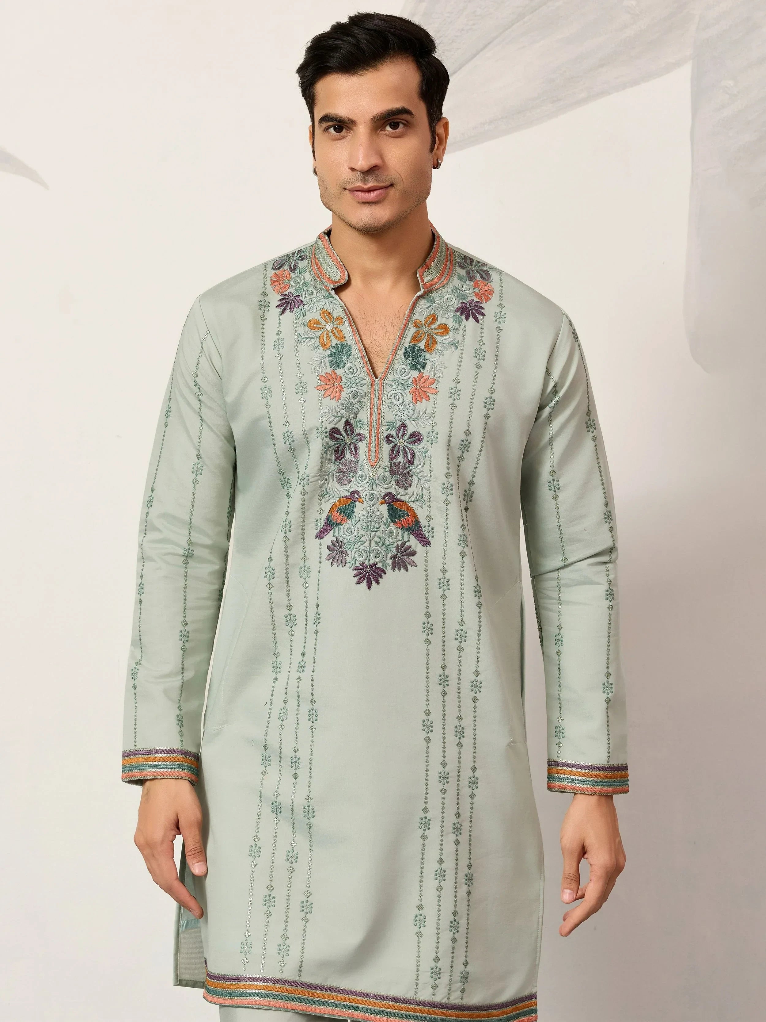 Precious Green Embroidered Silk Festival Wear Men’s Kurta
