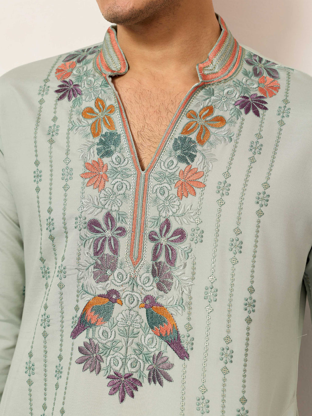 Precious Green Embroidered Silk Festival Wear Men’s Kurta