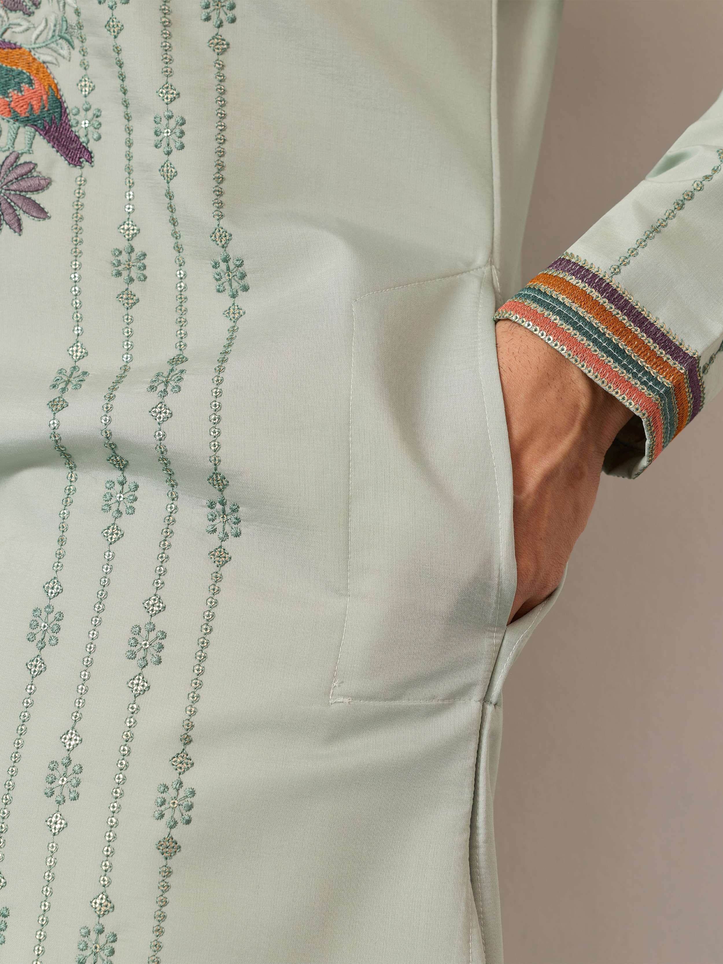 Precious Green Embroidered Silk Festival Wear Men’s Kurta