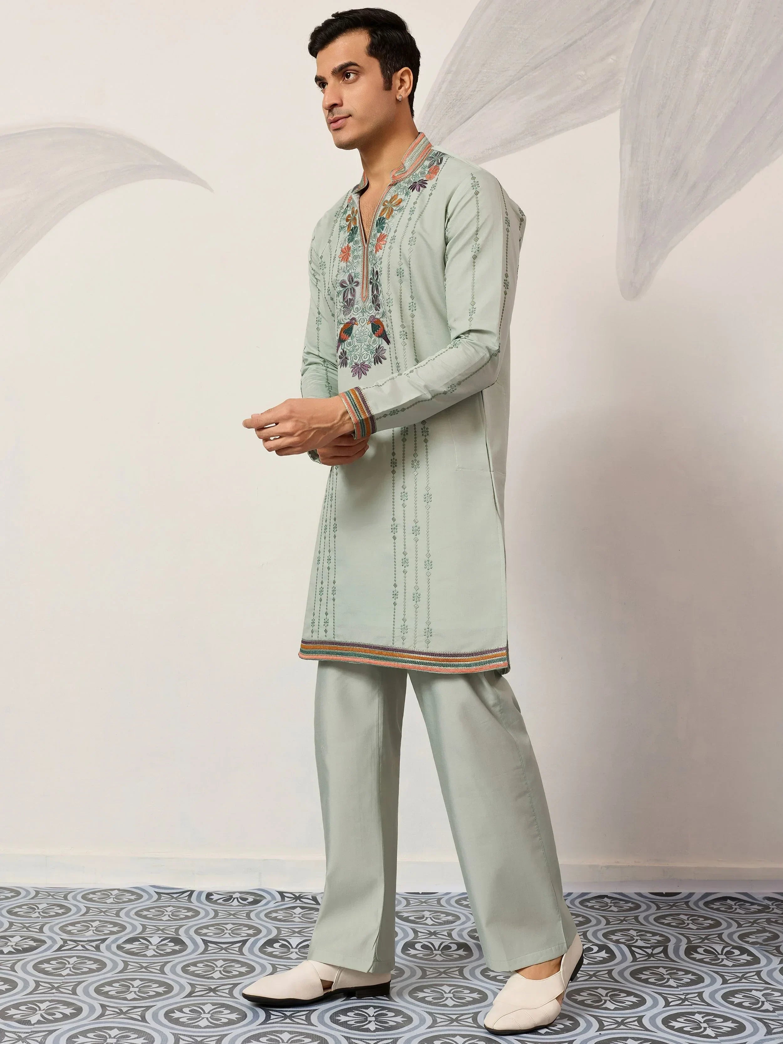 Precious Green Embroidered Silk Festival Wear Men’s Kurta