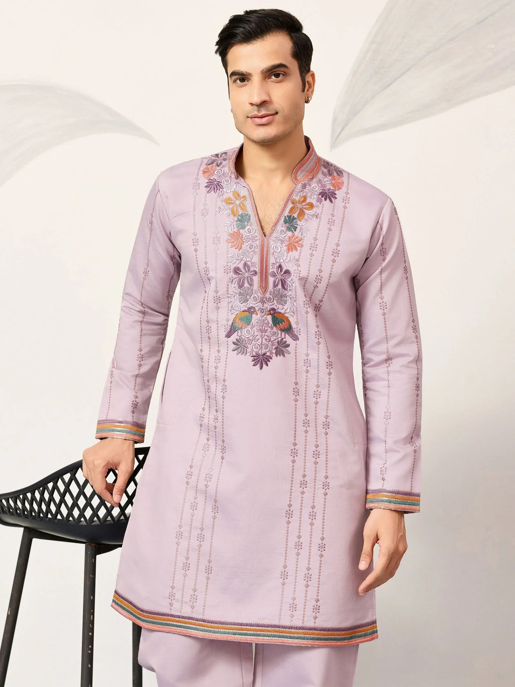 Amazing Lavender Embroidered Silk Function Wear Men’s Kurta