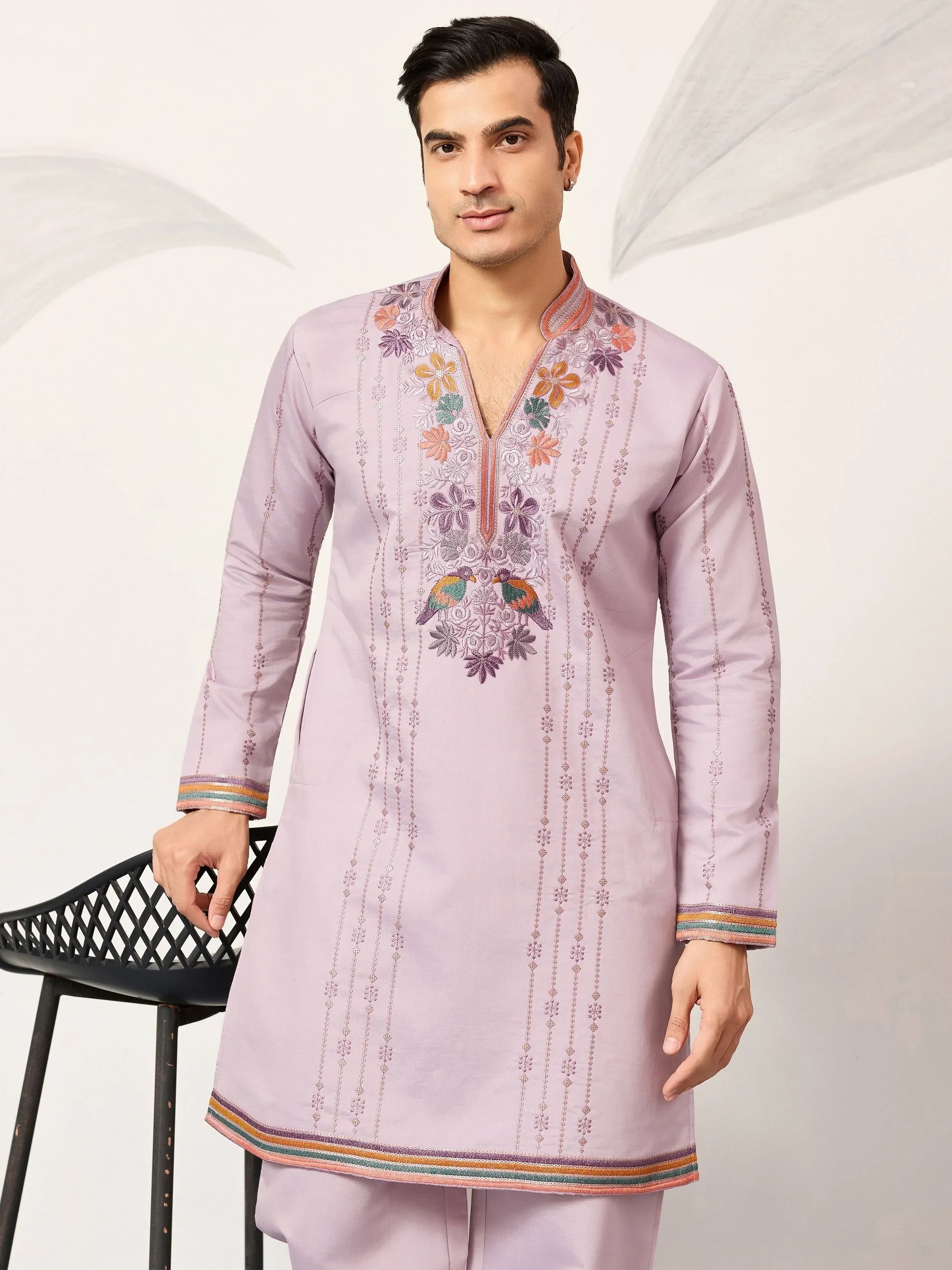 Amazing Lavender Embroidered Silk Function Wear Men’s Kurta