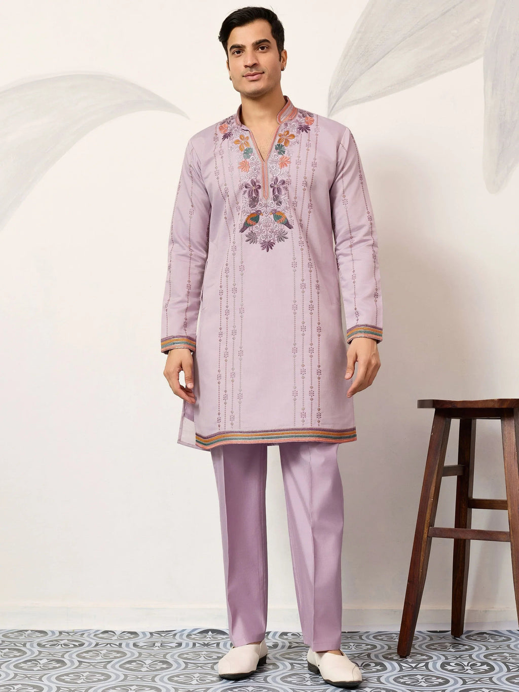 Amazing Lavender Embroidered Silk Function Wear Men’s Kurta