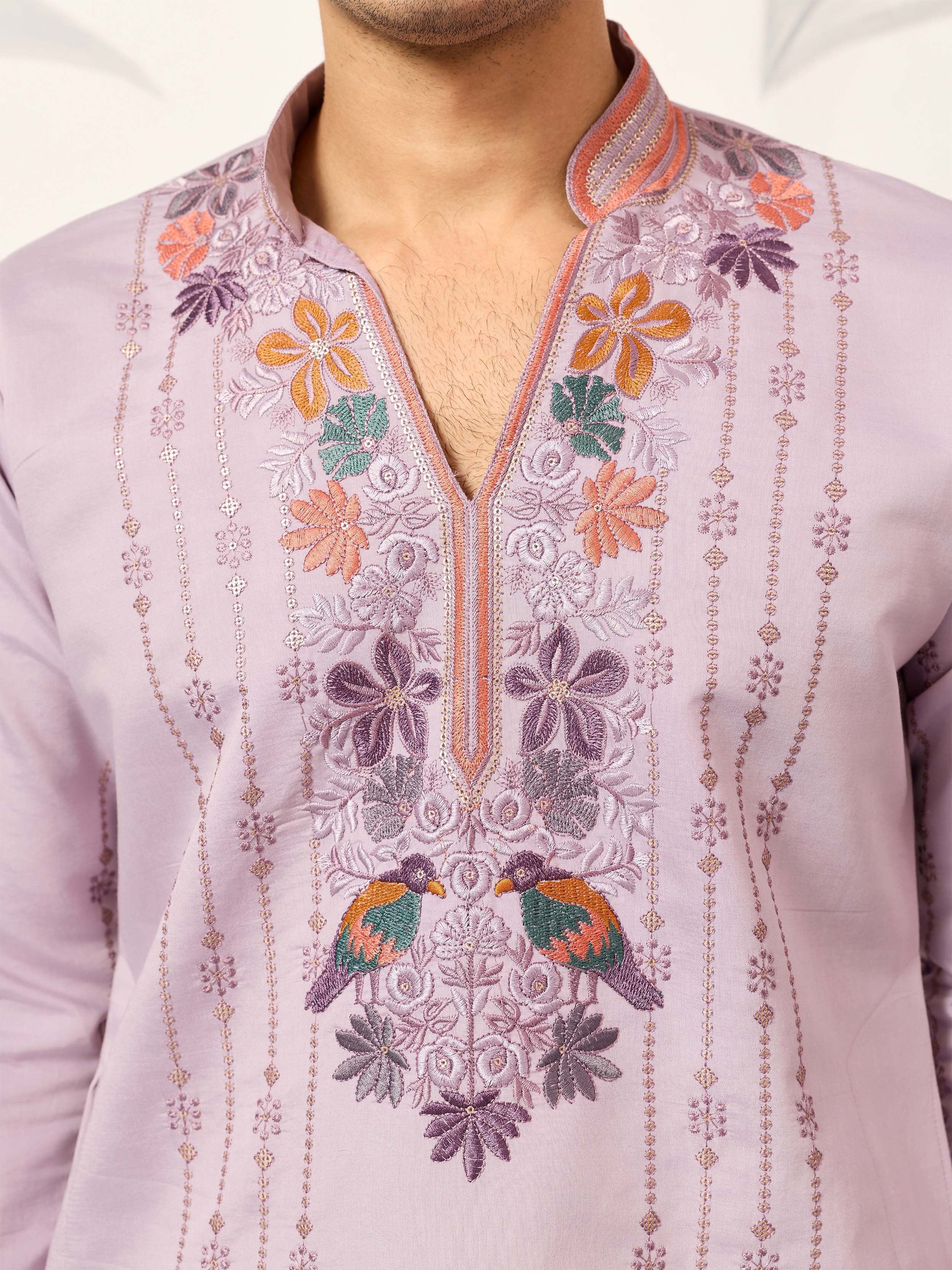 Amazing Lavender Embroidered Silk Function Wear Men’s Kurta