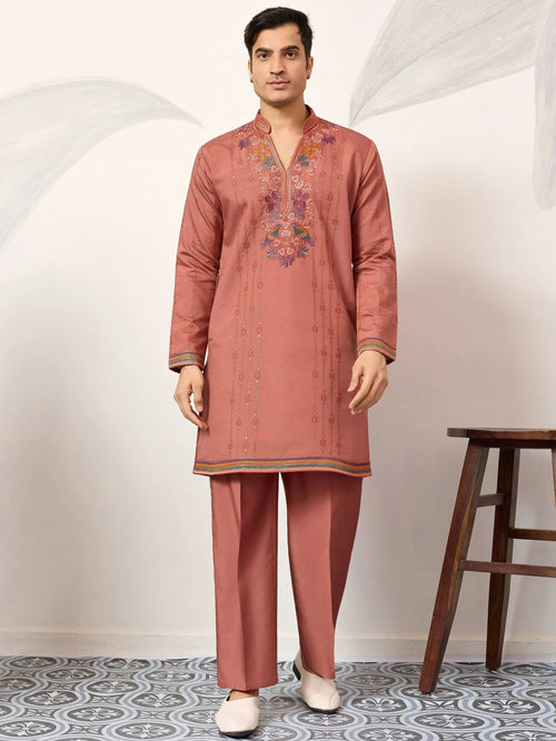 Beautiful Dusty Pink Embroidered Silk Festival Wear Men’s Kurta