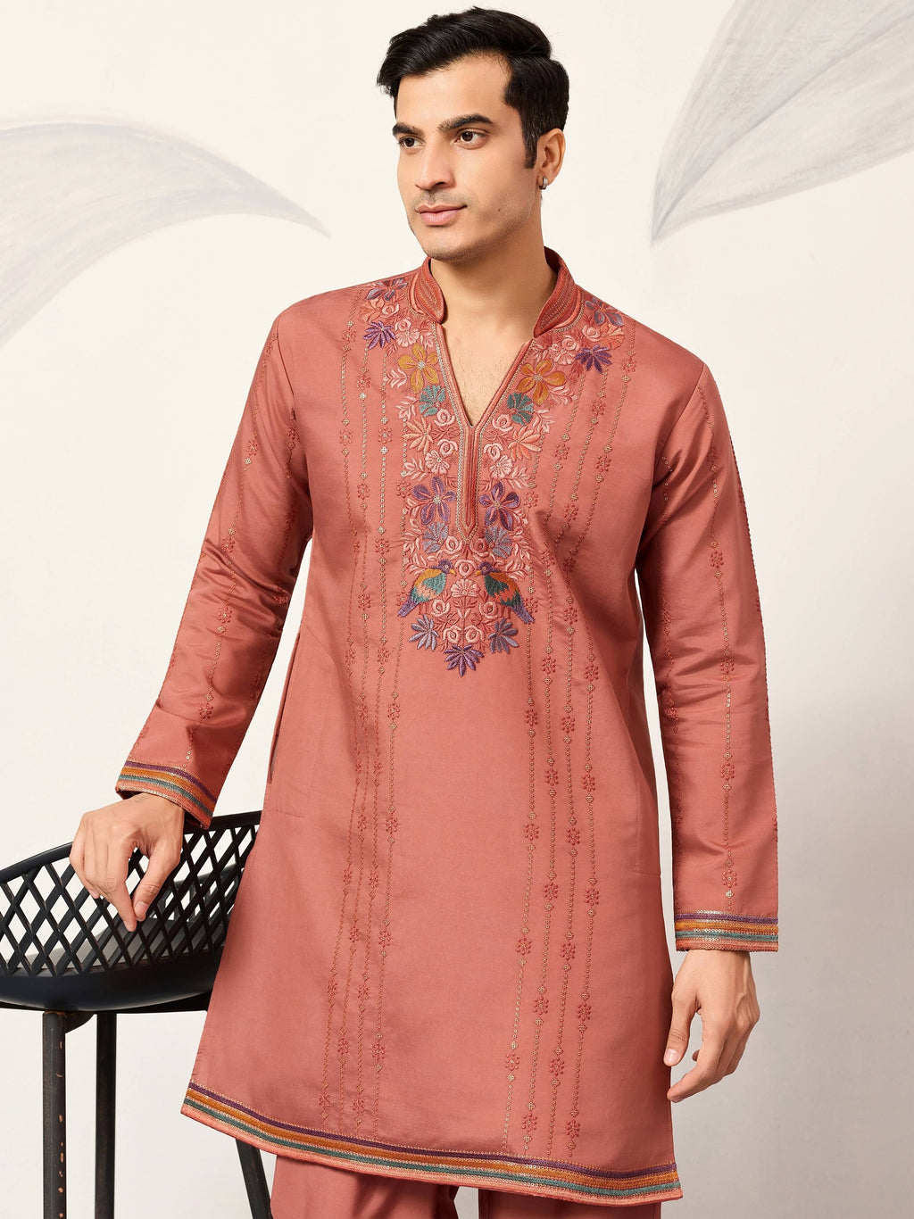 Beautiful Dusty Pink Embroidered Silk Festival Wear Men’s Kurta