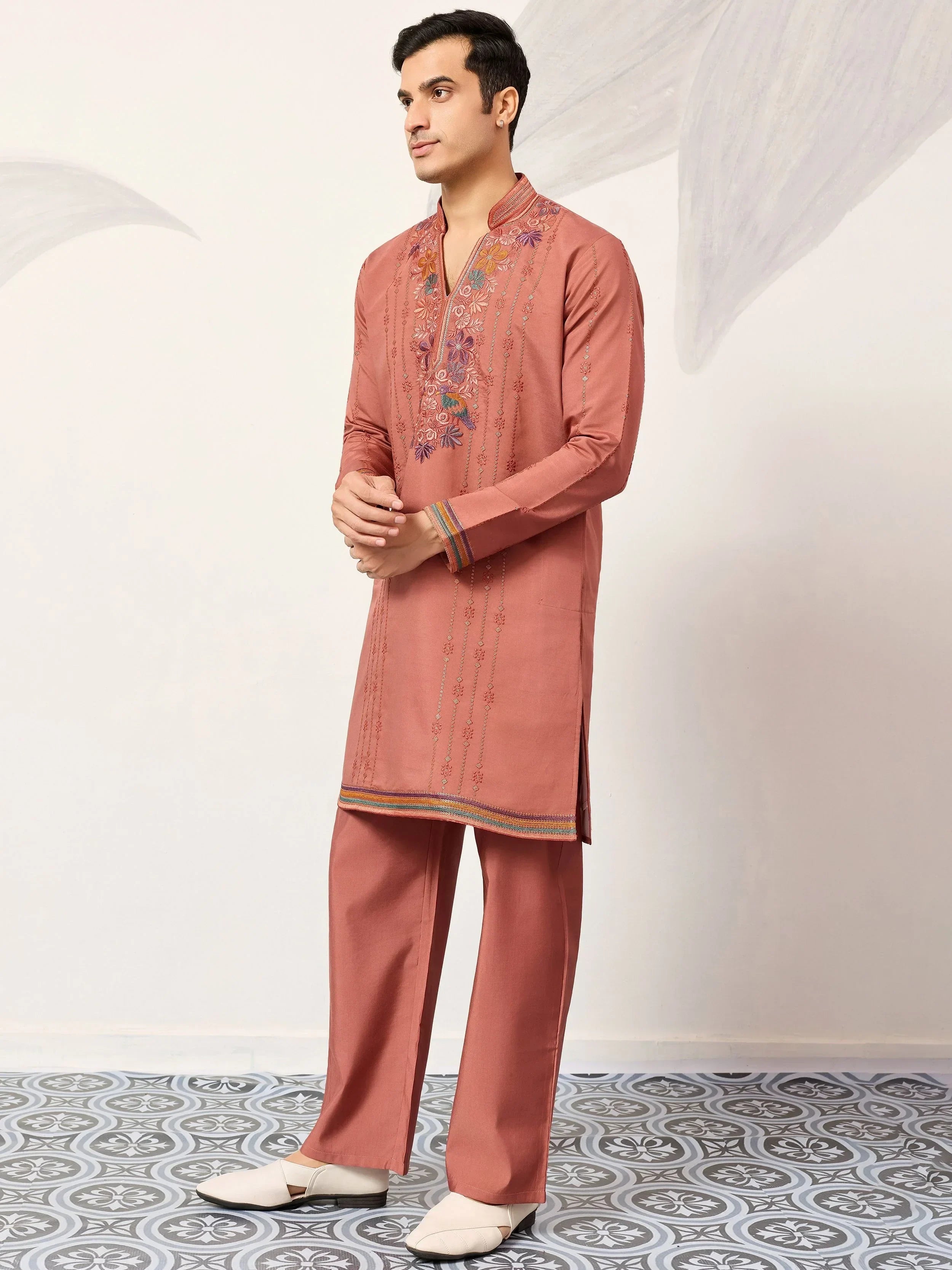 Beautiful Dusty Pink Embroidered Silk Festival Wear Men’s Kurta