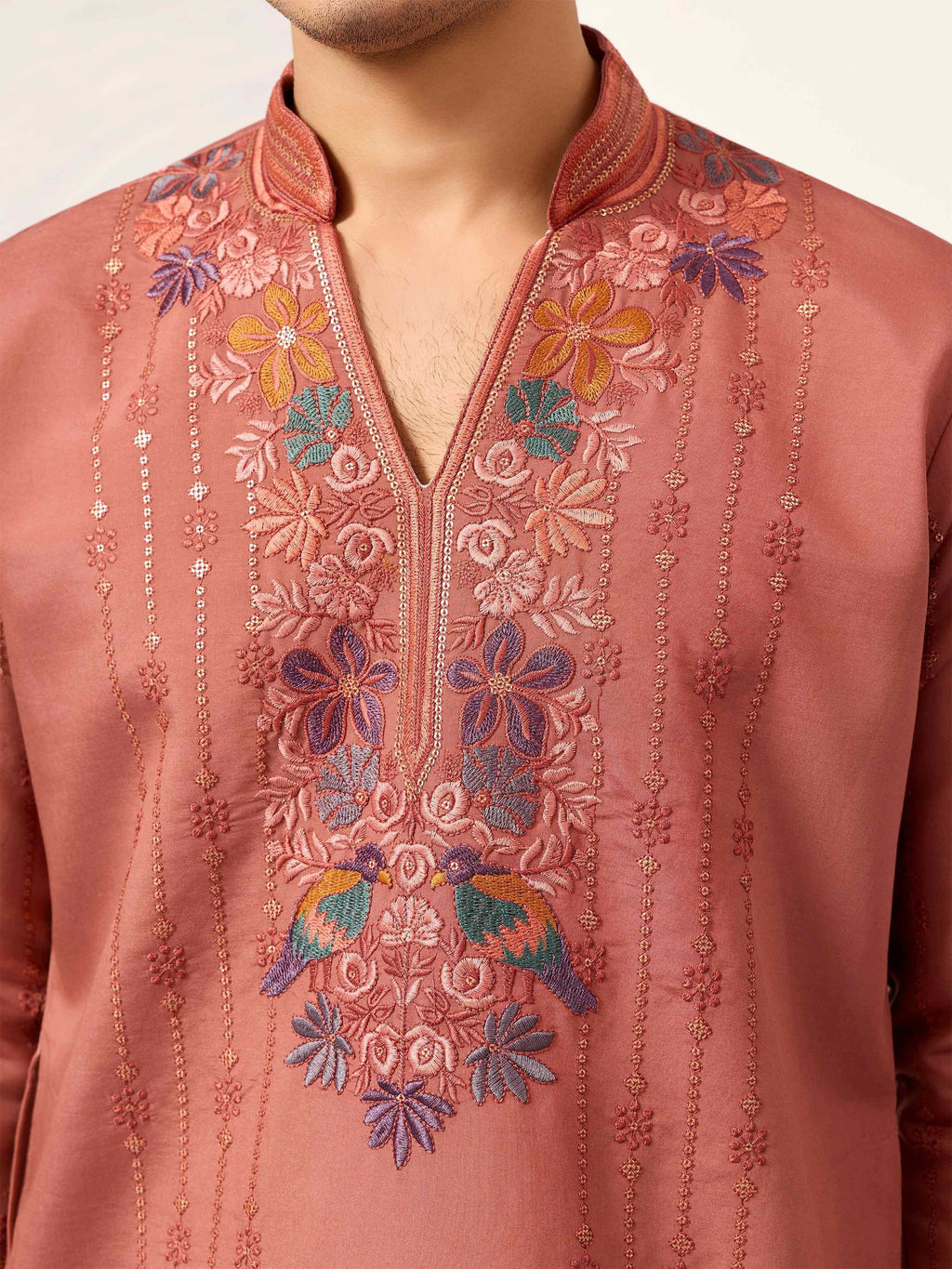 Beautiful Dusty Pink Embroidered Silk Festival Wear Men’s Kurta