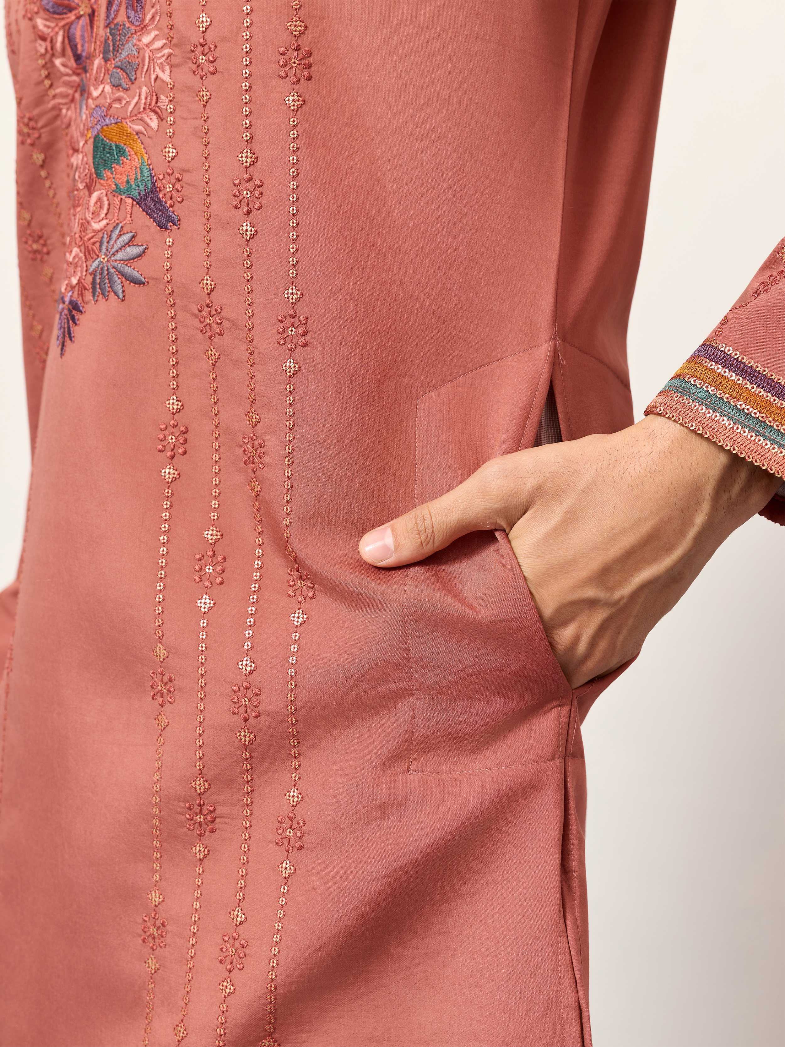 Beautiful Dusty Pink Embroidered Silk Festival Wear Men’s Kurta
