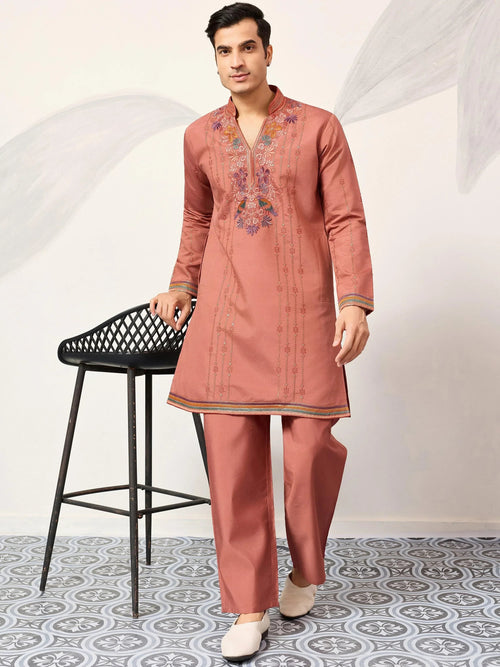Beautiful Dusty Pink Embroidered Silk Festival Wear Men’s Kurta