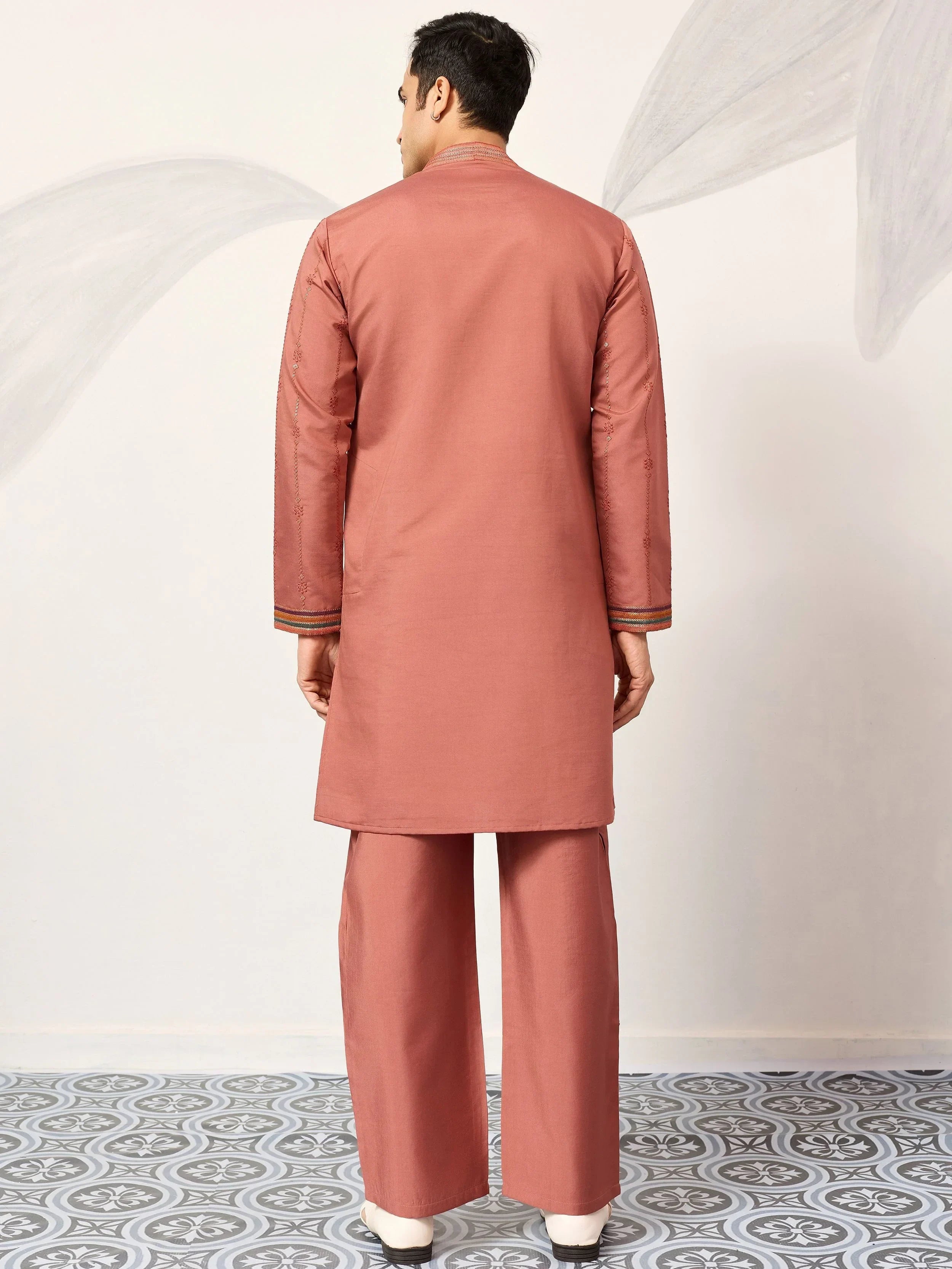 Beautiful Dusty Pink Embroidered Silk Festival Wear Men’s Kurta
