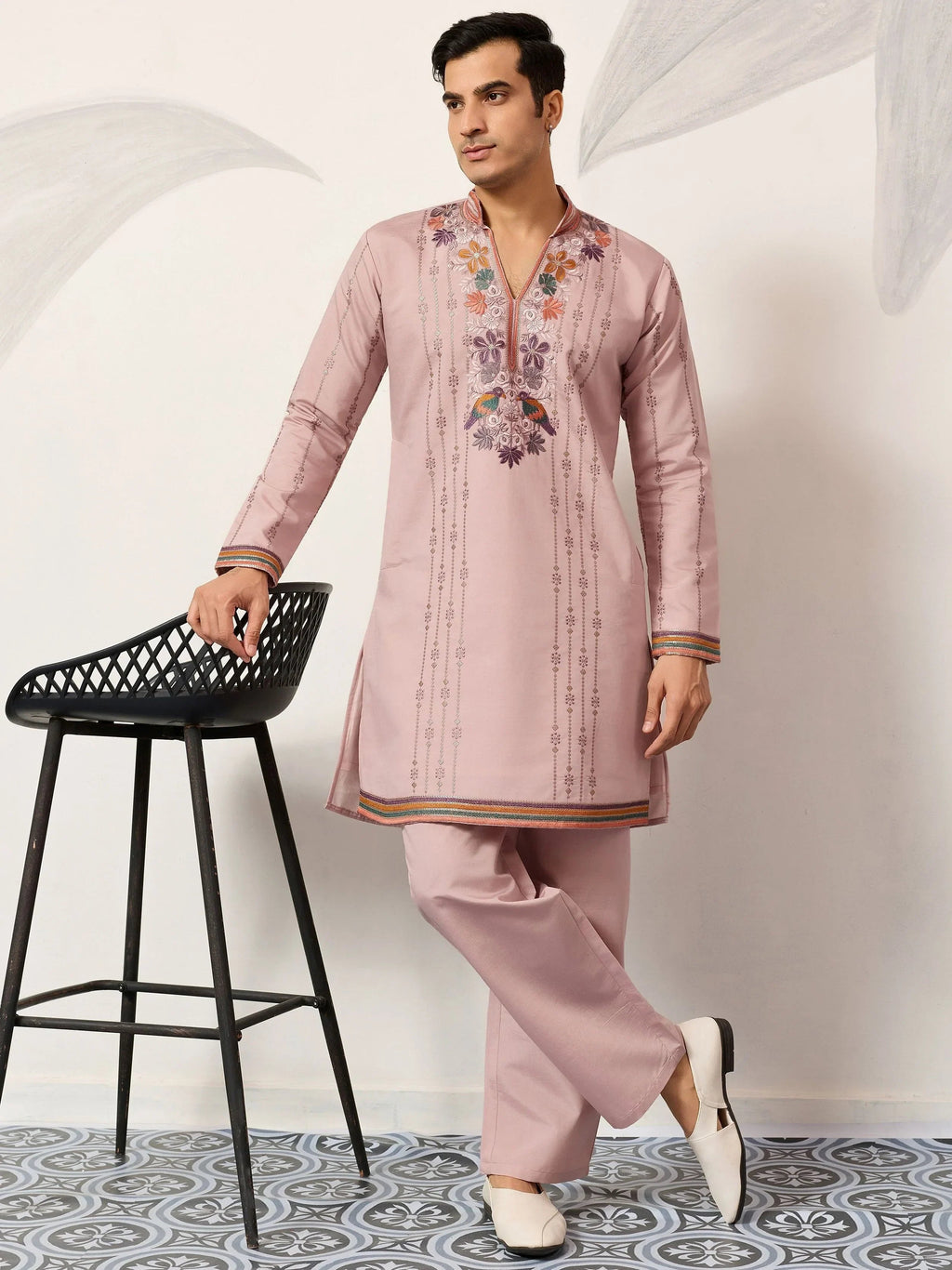 Dazzling Pink Embroidered Silk Function Wear Men’s Kurta