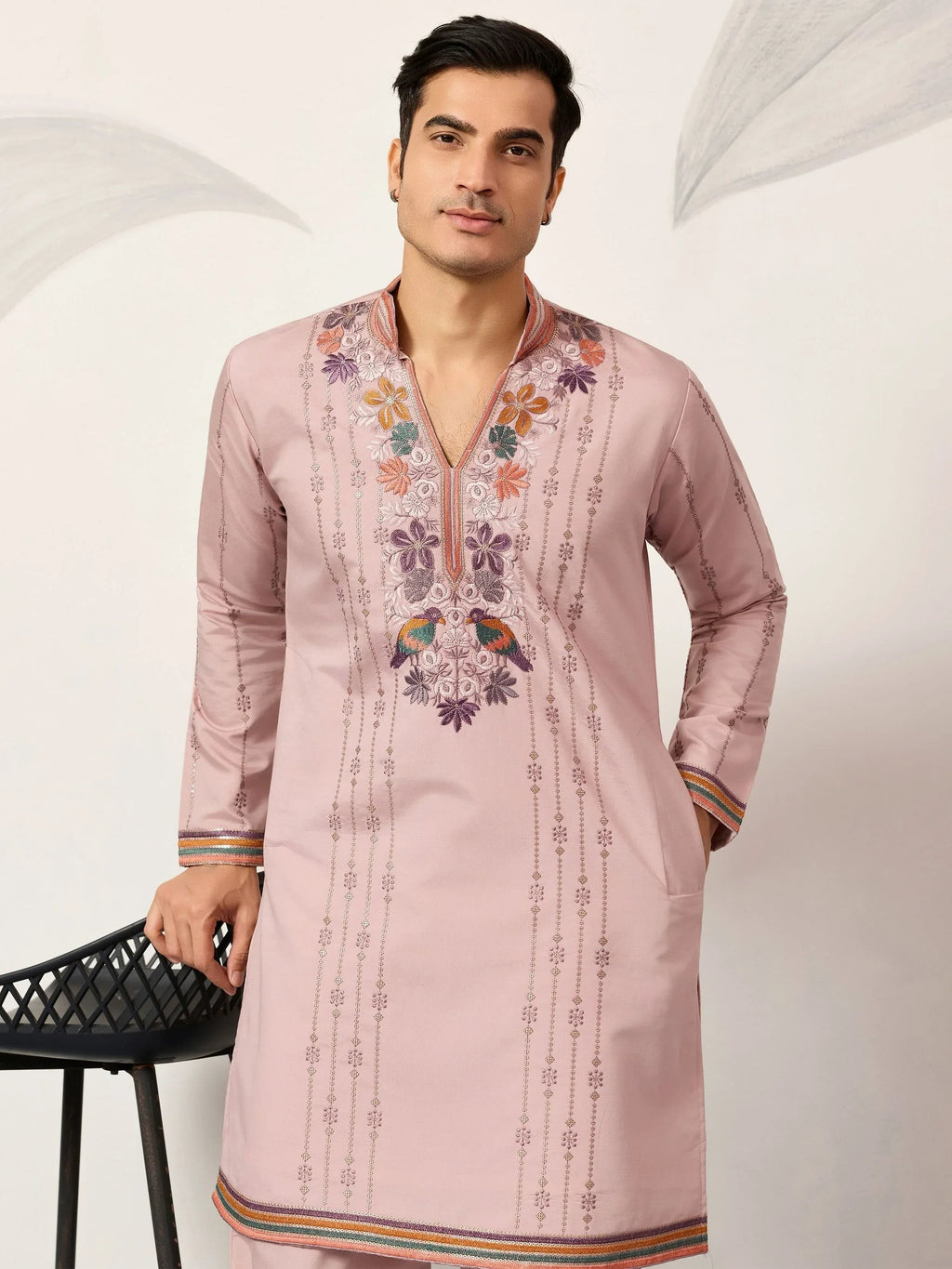 Dazzling Pink Embroidered Silk Function Wear Men’s Kurta