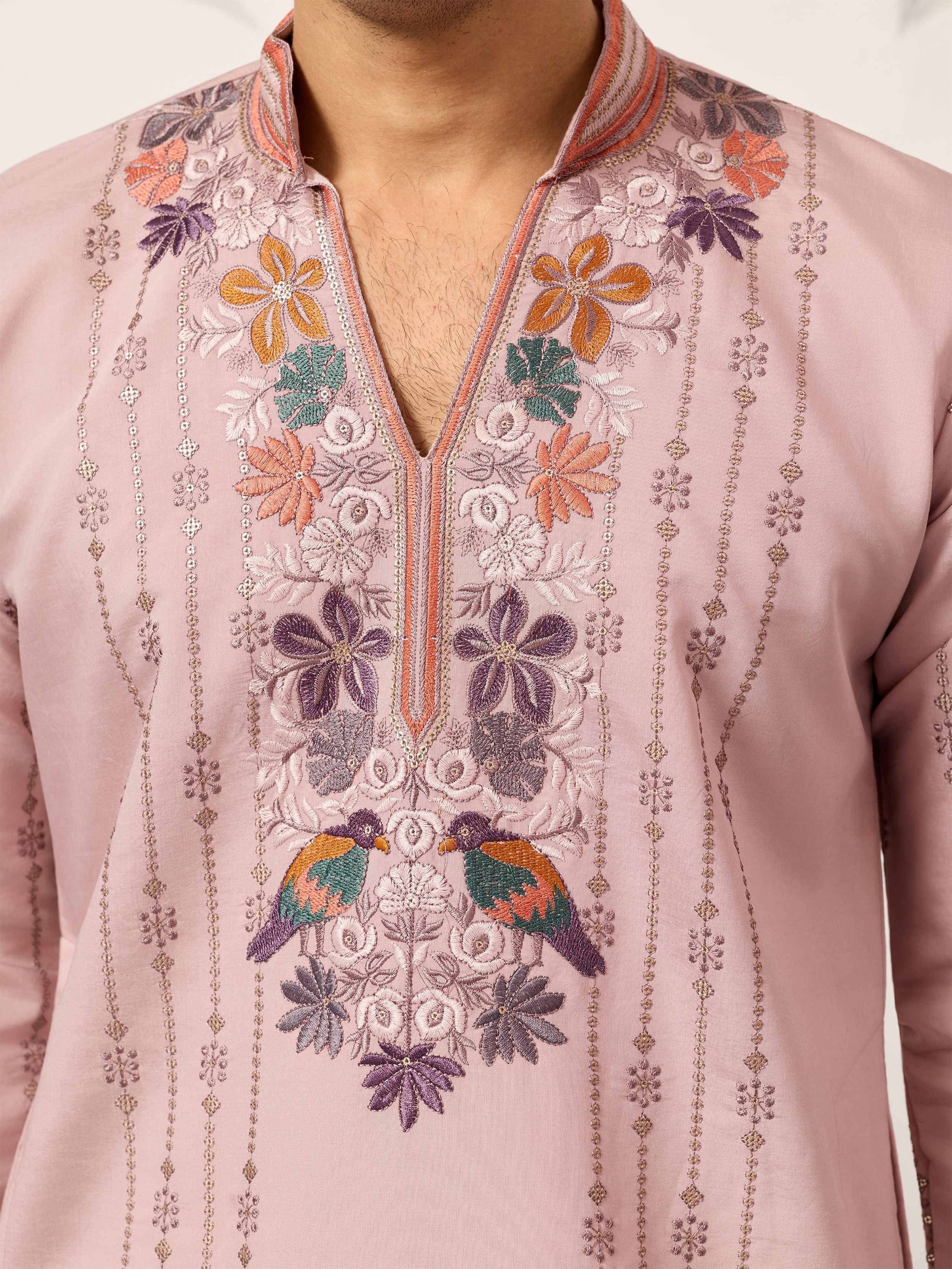 Dazzling Pink Embroidered Silk Function Wear Men’s Kurta