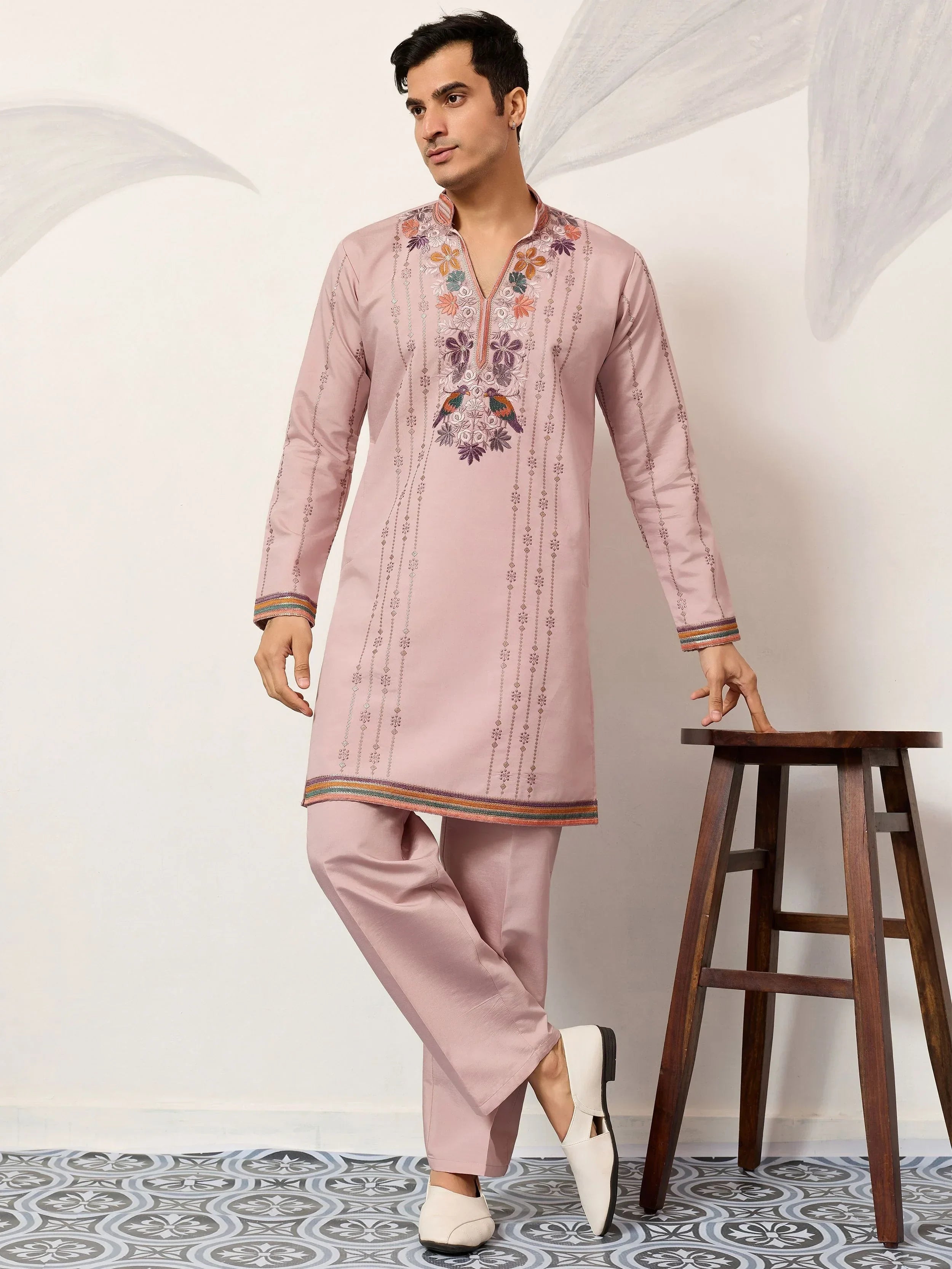 Dazzling Pink Embroidered Silk Function Wear Men’s Kurta