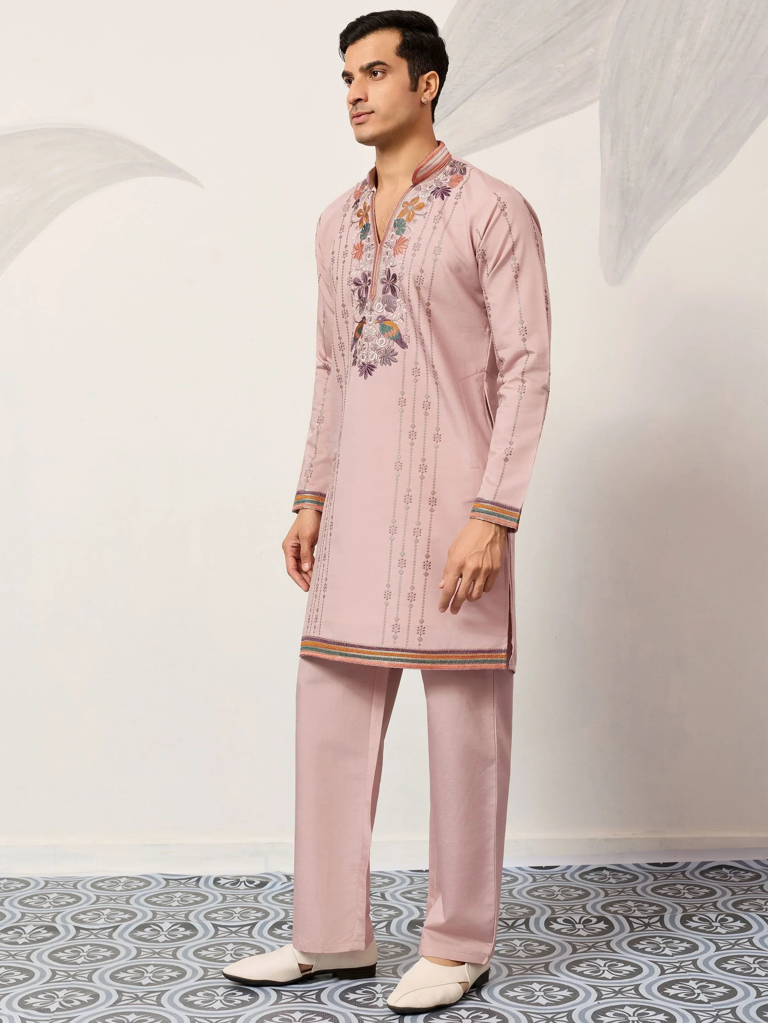 Dazzling Pink Embroidered Silk Function Wear Men’s Kurta