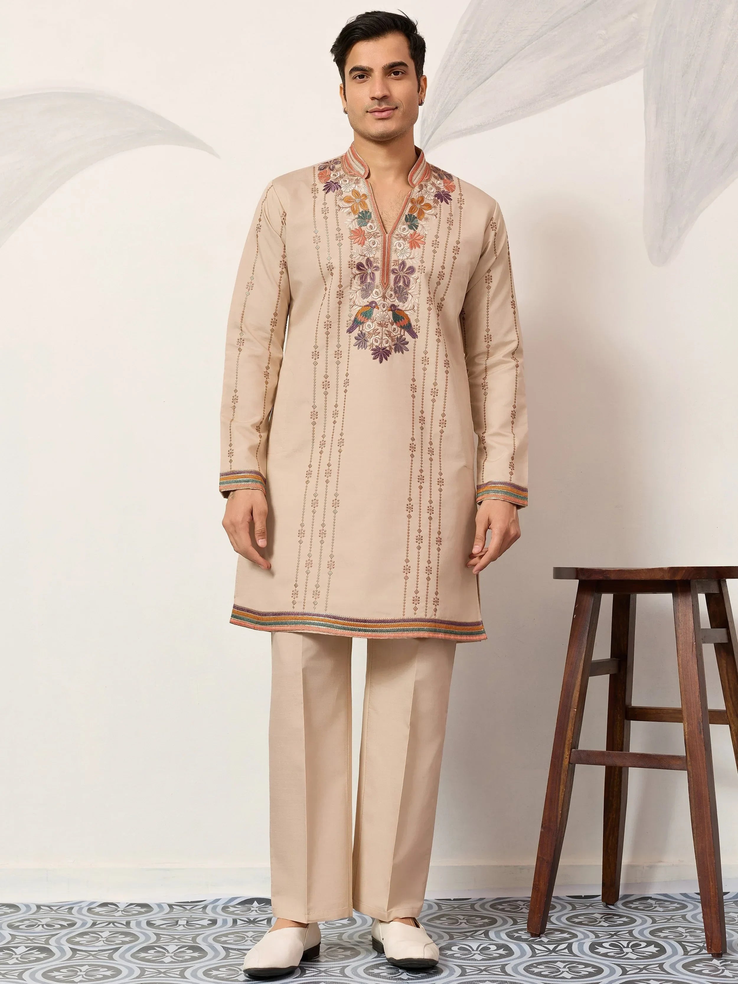Stunning Beige Embroidered Silk Festival Wear Men’s Kurta