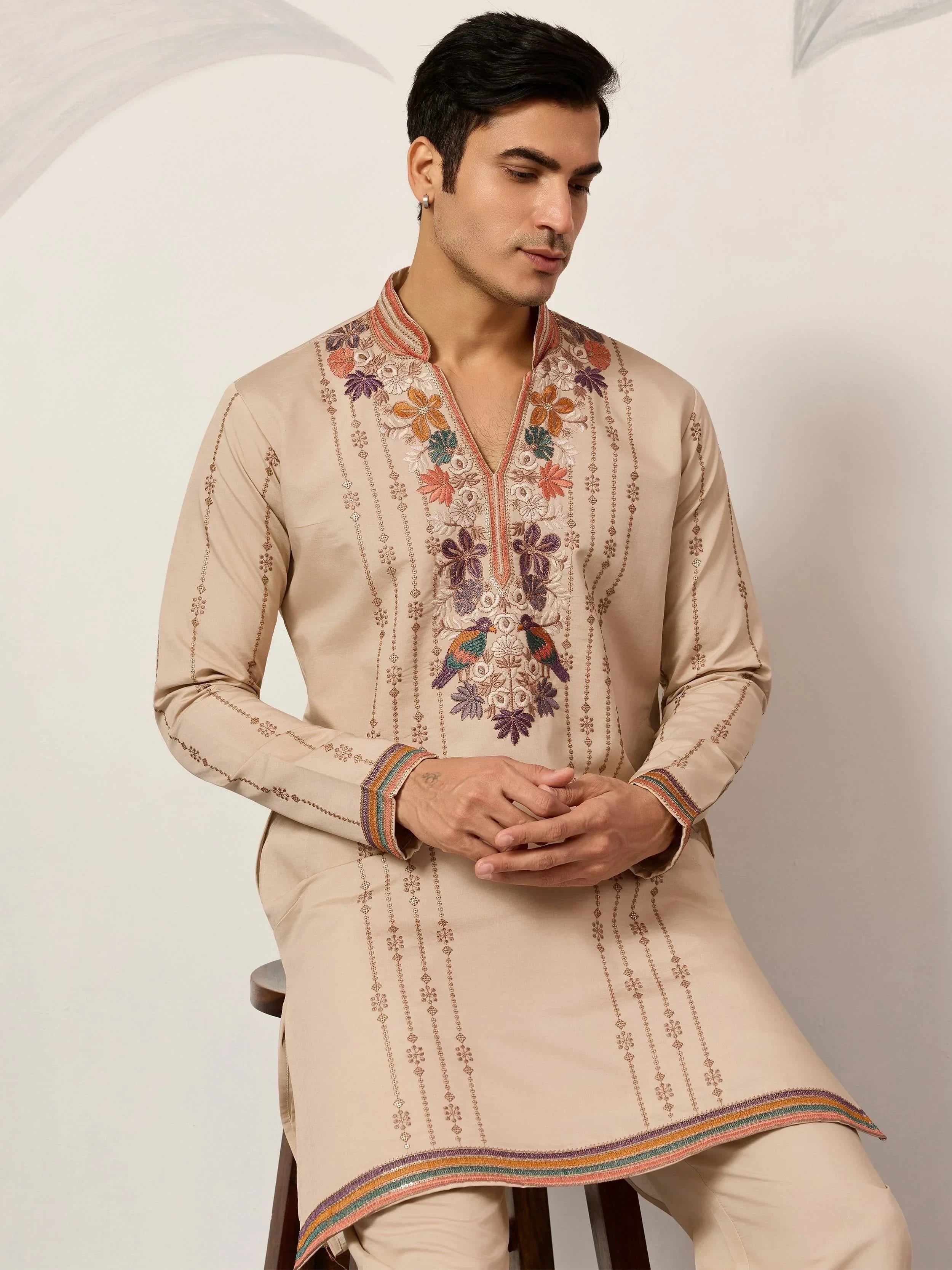 Stunning Beige Embroidered Silk Festival Wear Men’s Kurta