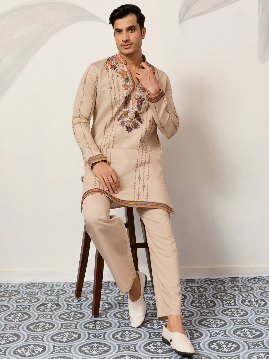Stunning Beige Embroidered Silk Festival Wear Men’s Kurta
