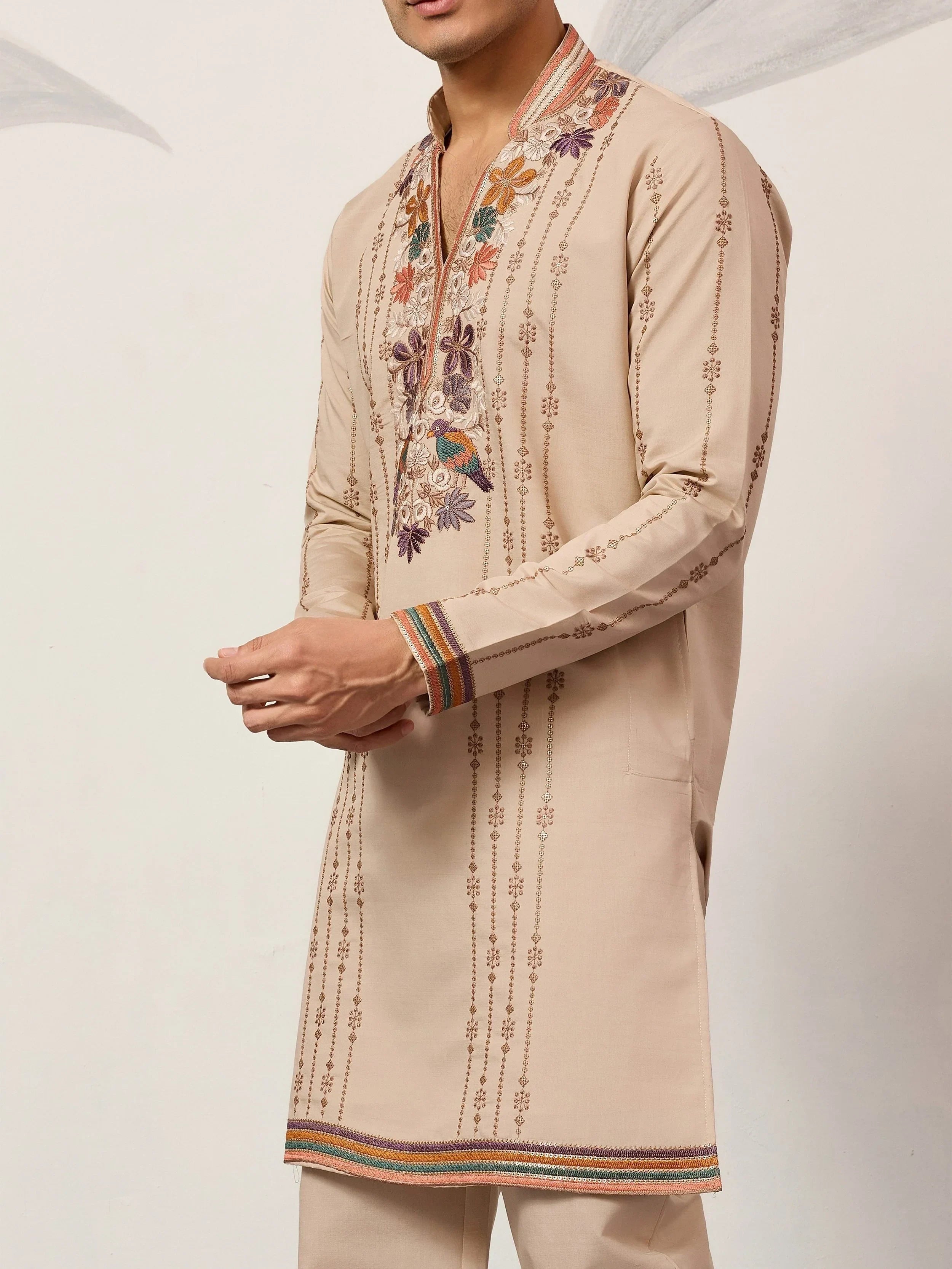 Stunning Beige Embroidered Silk Festival Wear Men’s Kurta