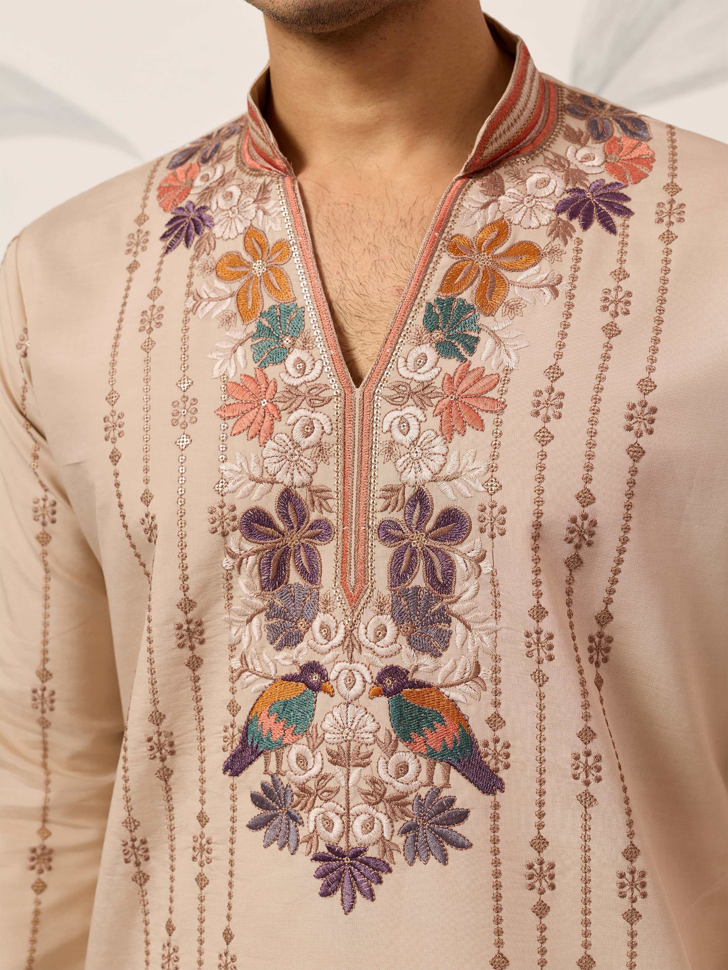 Stunning Beige Embroidered Silk Festival Wear Men’s Kurta