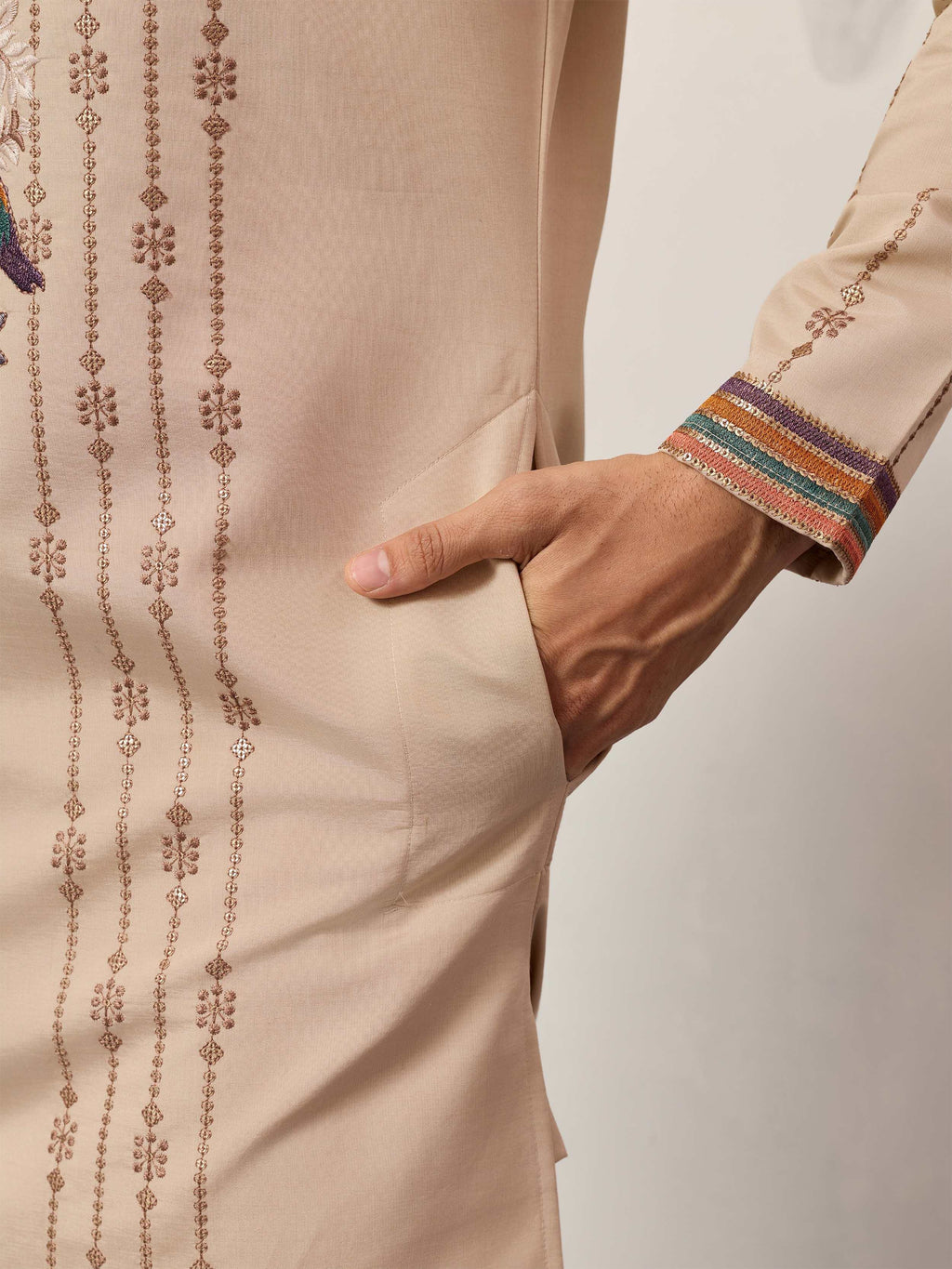 Stunning Beige Embroidered Silk Festival Wear Men’s Kurta