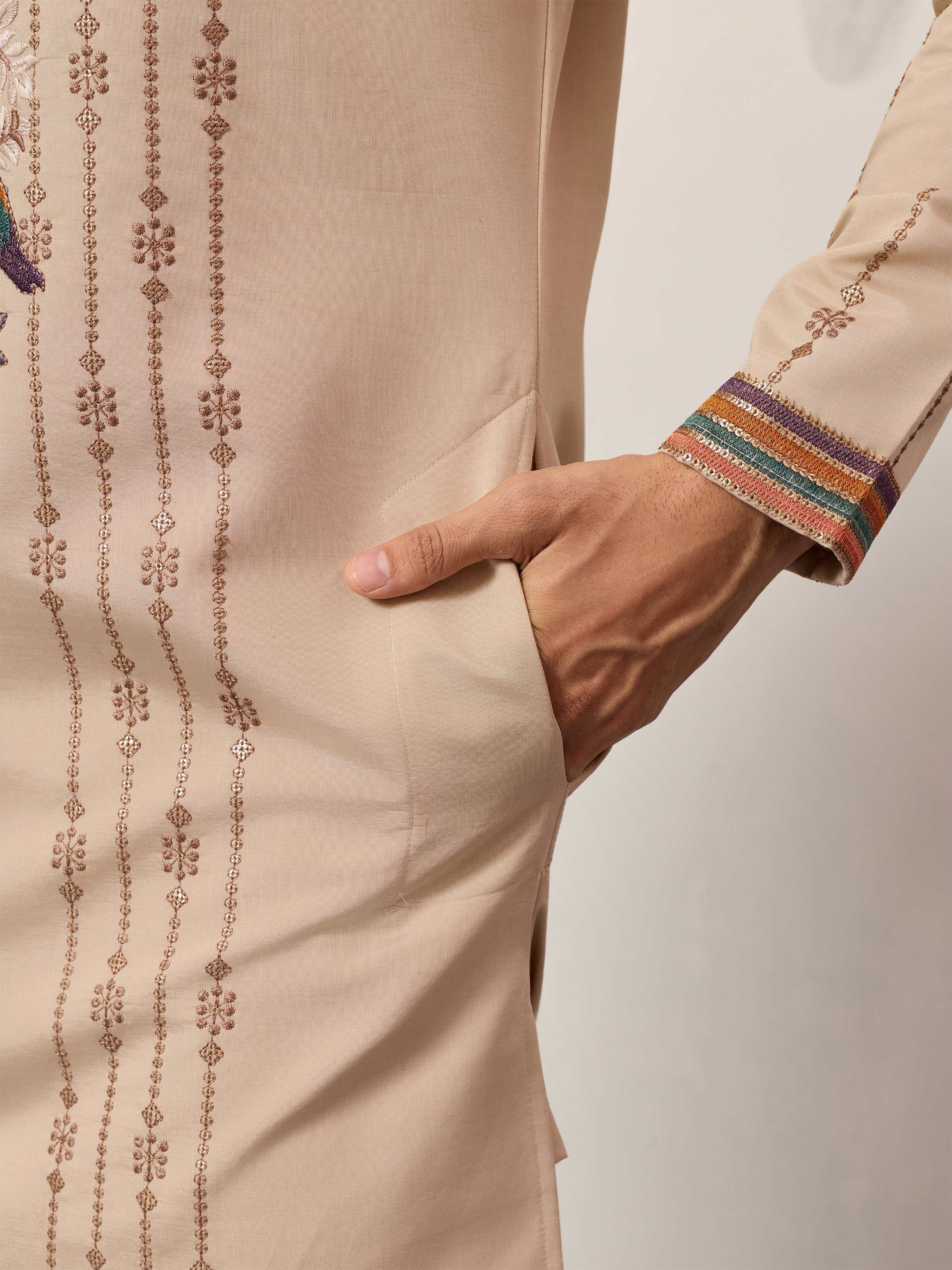 Stunning Beige Embroidered Silk Festival Wear Men’s Kurta
