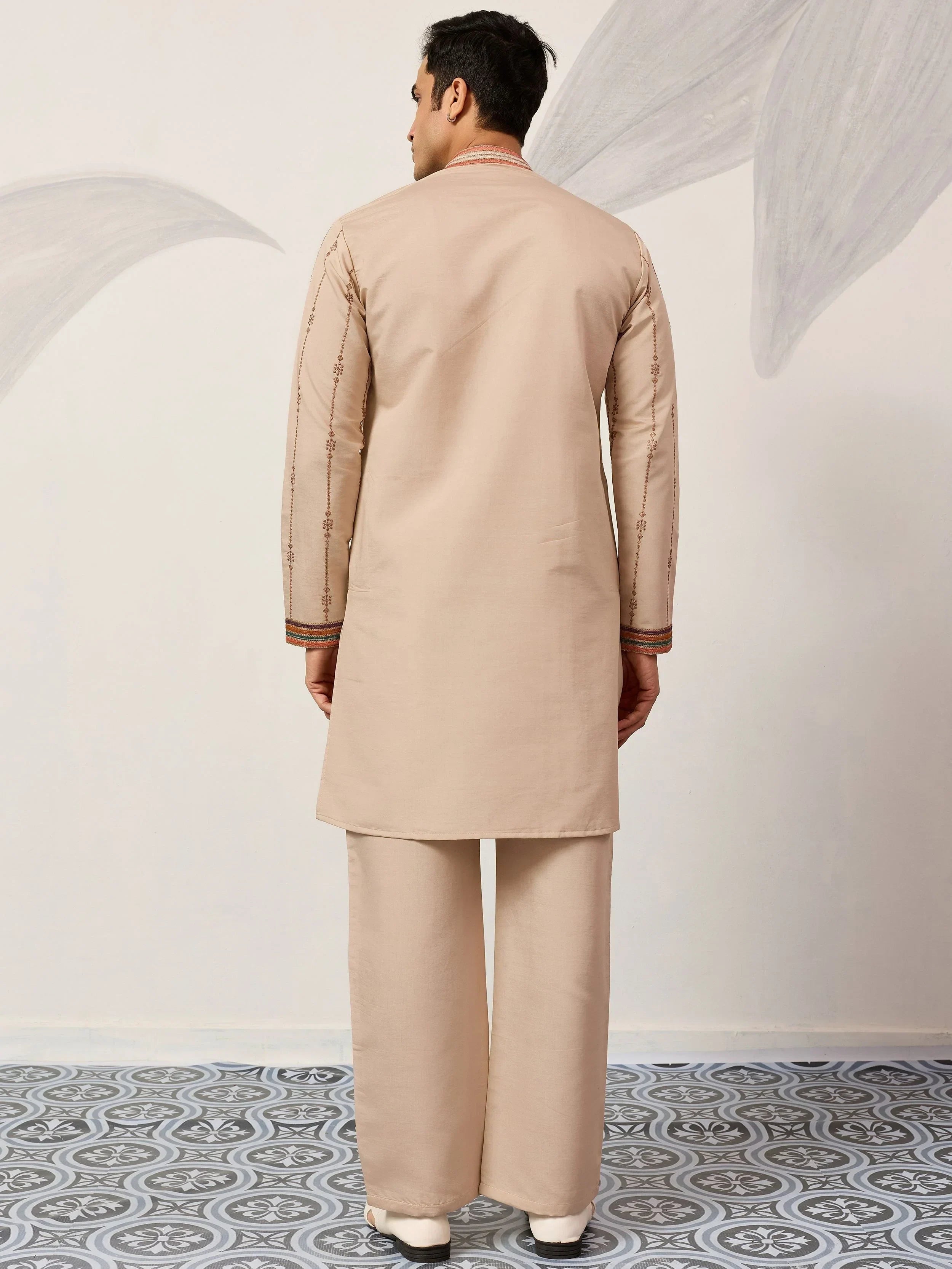 Stunning Beige Embroidered Silk Festival Wear Men’s Kurta