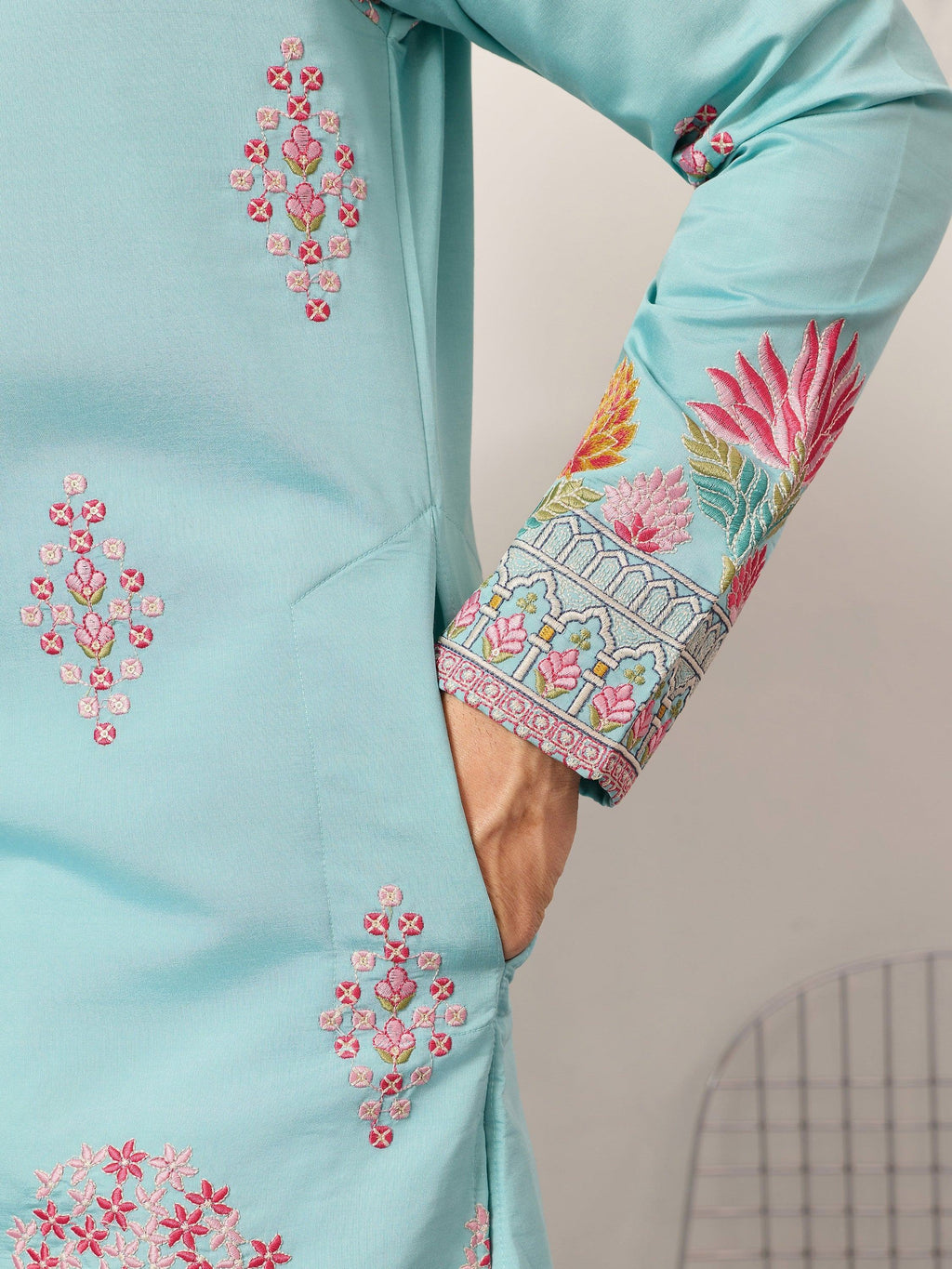 Sparkling Blue Thread Embroidered Silk Festival Wear Men’s Kurta