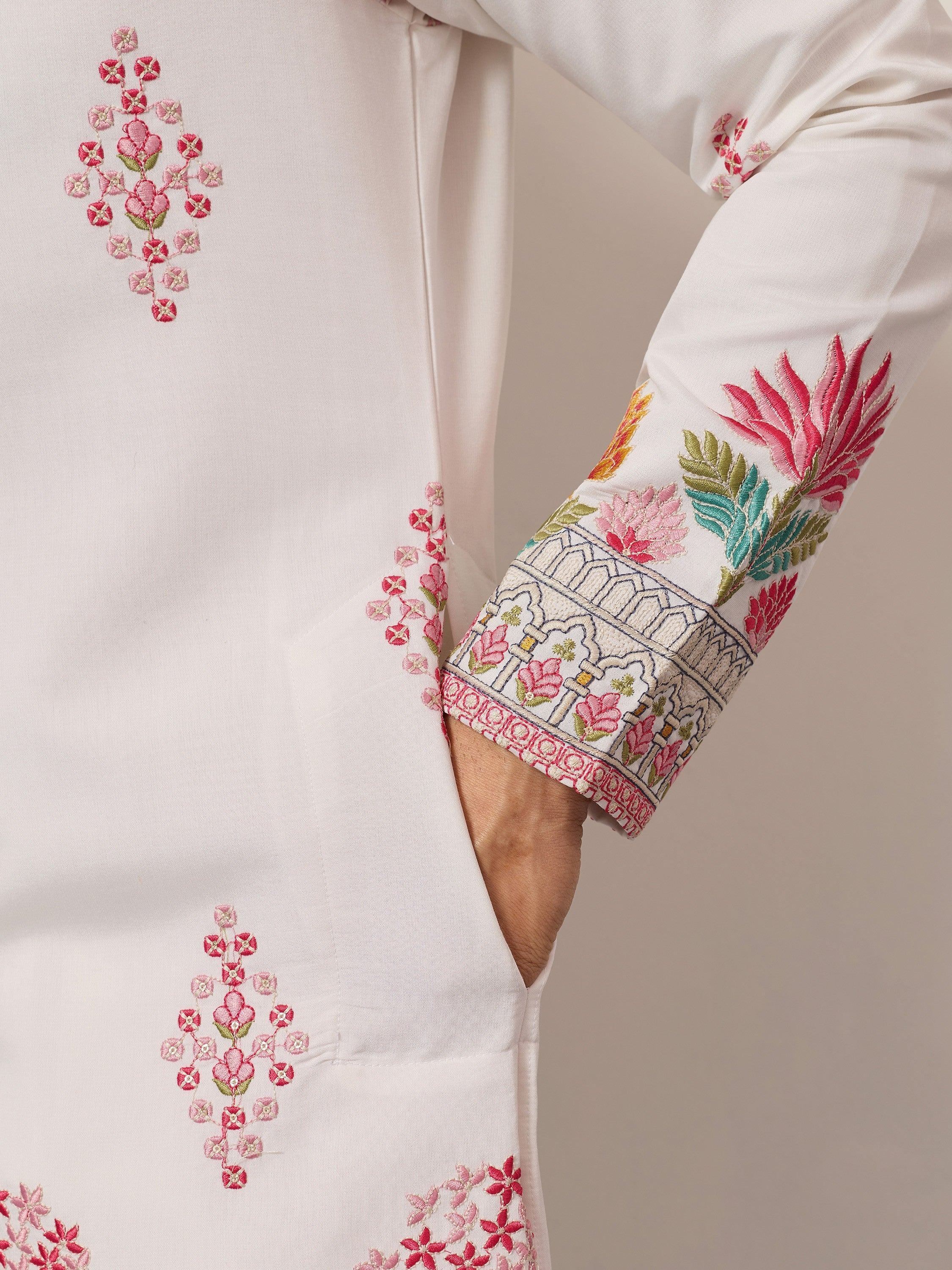 Fantastic Off-White Thread Embroidered Silk Function Wear Men’s Kurta