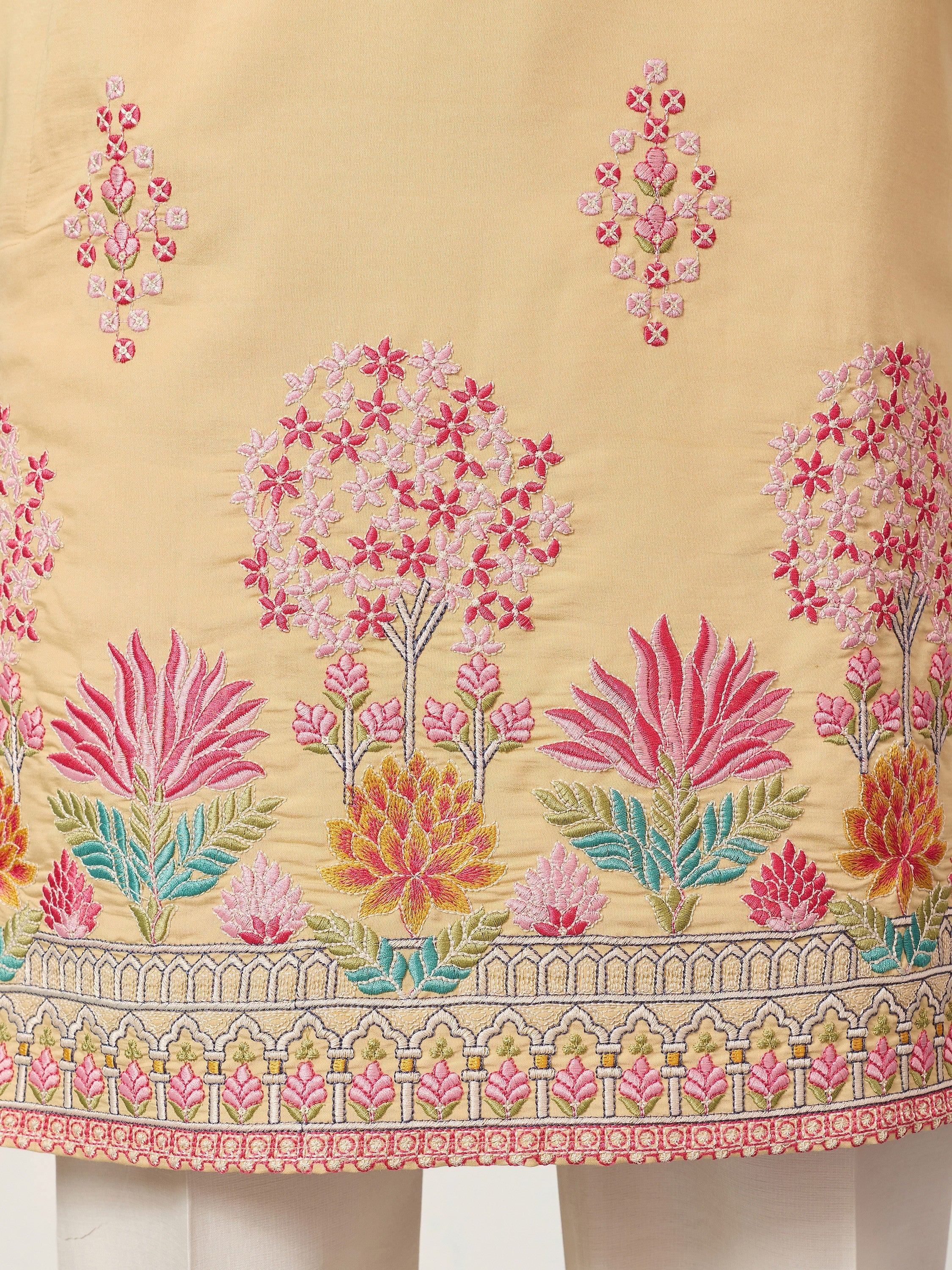 Fabulous Beige Thread Embroidered Silk Festival Wear Men’s Kurta