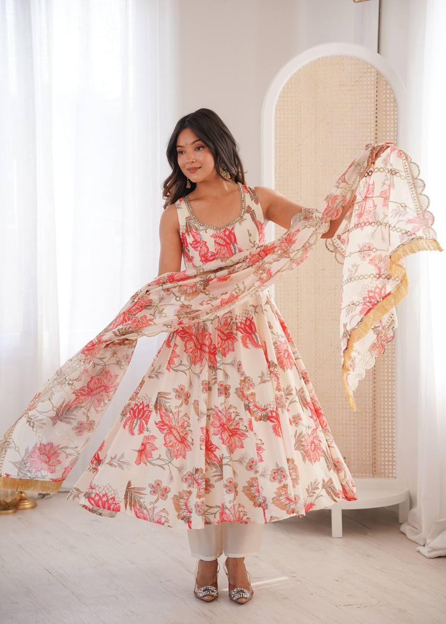 Cream Pure Muslin Salwar Kameez with Floral Print and Organza Dupatta for Festivals