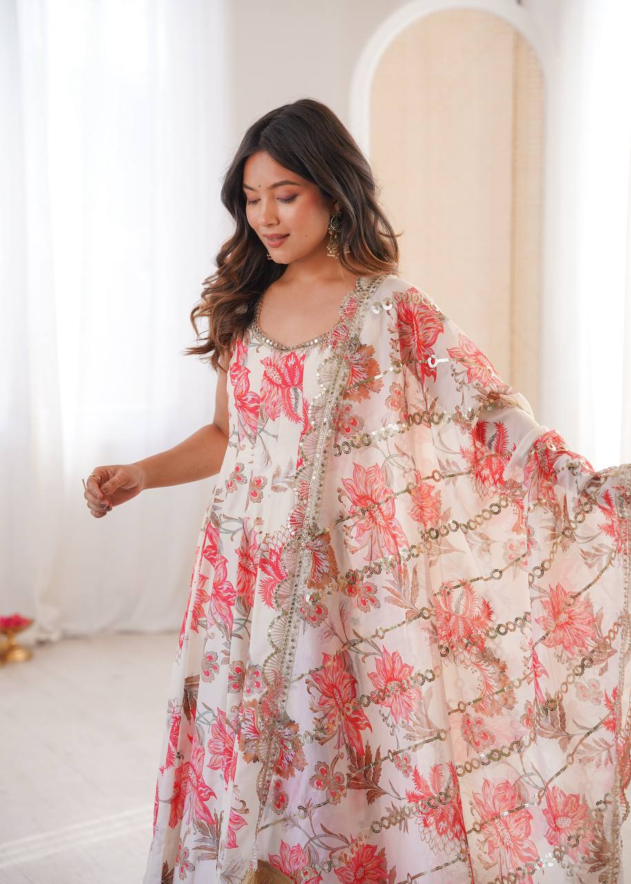 Cream Pure Muslin Salwar Kameez with Floral Print and Organza Dupatta for Festivals