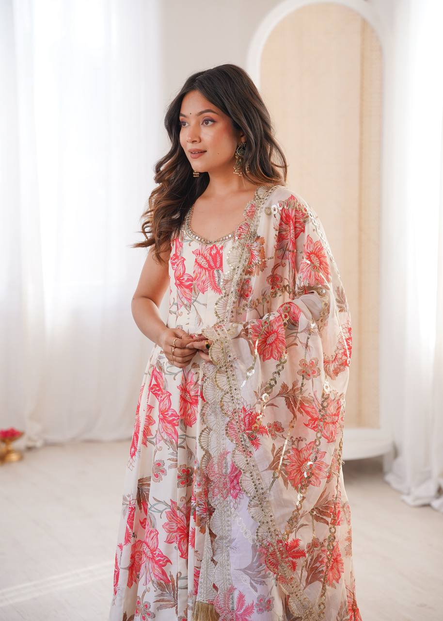 Cream Pure Muslin Salwar Kameez with Floral Print and Organza Dupatta for Festivals