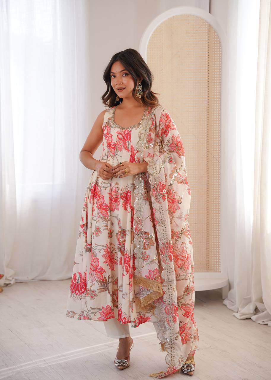 Cream Pure Muslin Salwar Kameez with Floral Print and Organza Dupatta for Festivals
