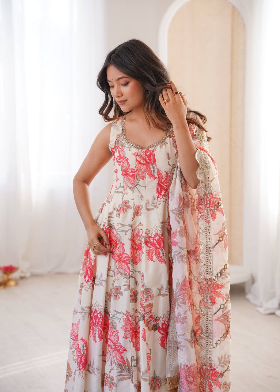 Cream Pure Muslin Salwar Kameez with Floral Print and Organza Dupatta for Festivals