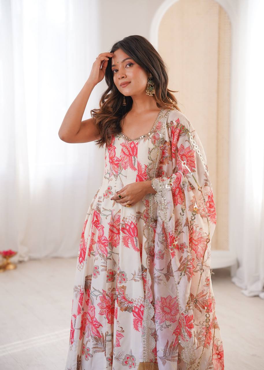 Cream Pure Muslin Salwar Kameez with Floral Print and Organza Dupatta for Festivals