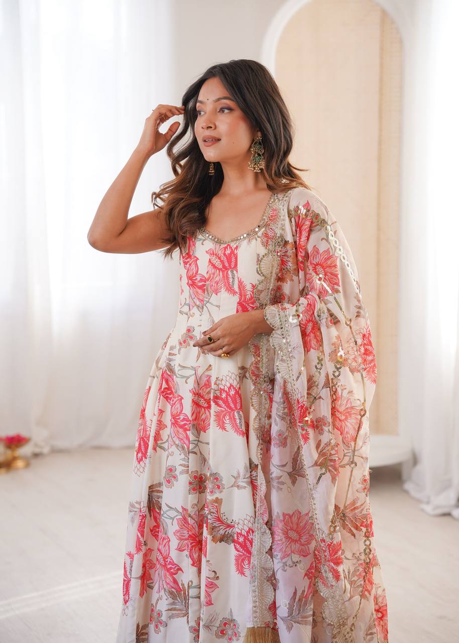 Cream Pure Muslin Salwar Kameez with Floral Print and Organza Dupatta for Festivals