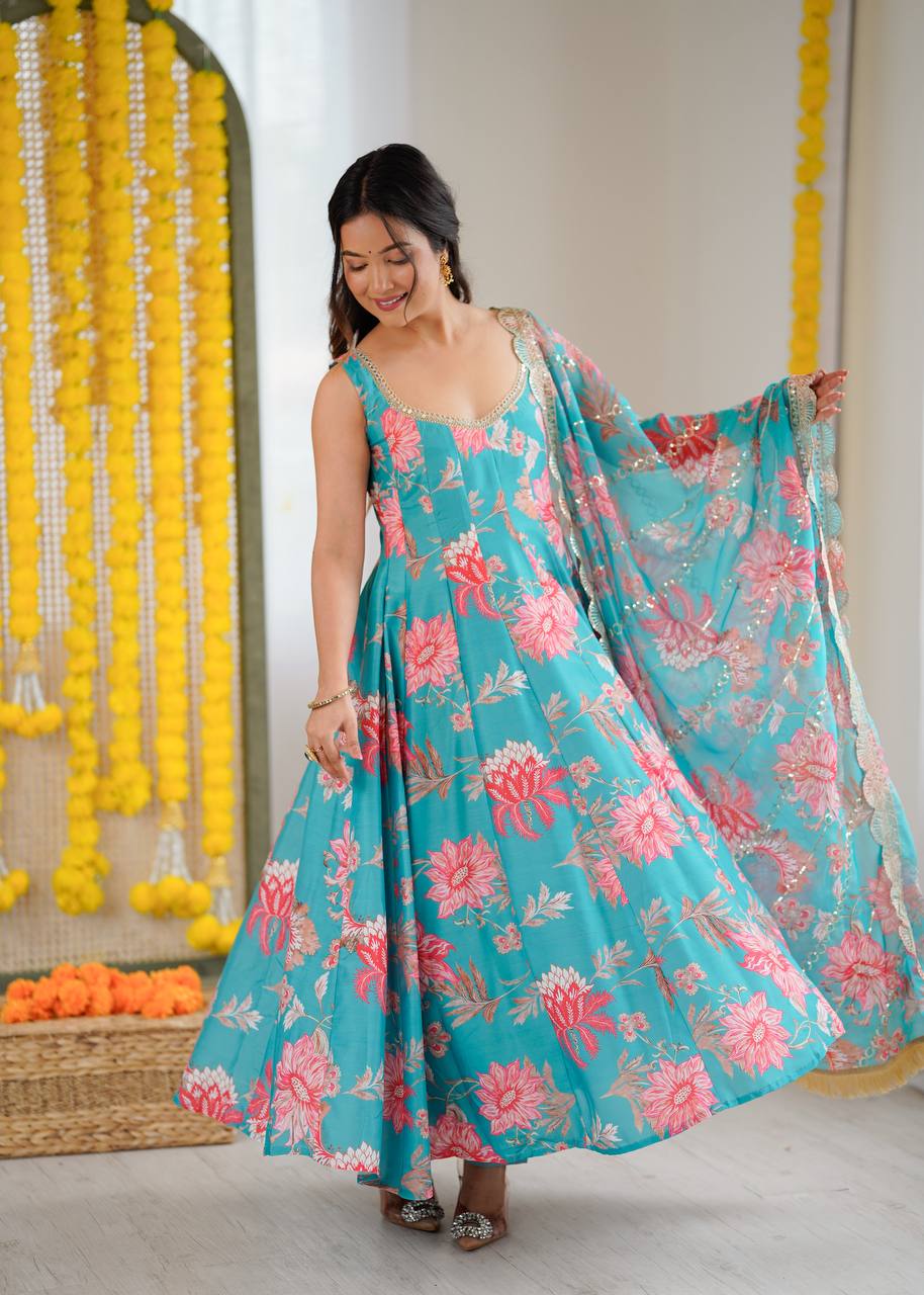 Pure Muslin Salwar Kameez with Floral Print and Organza Dupatta for Festivals