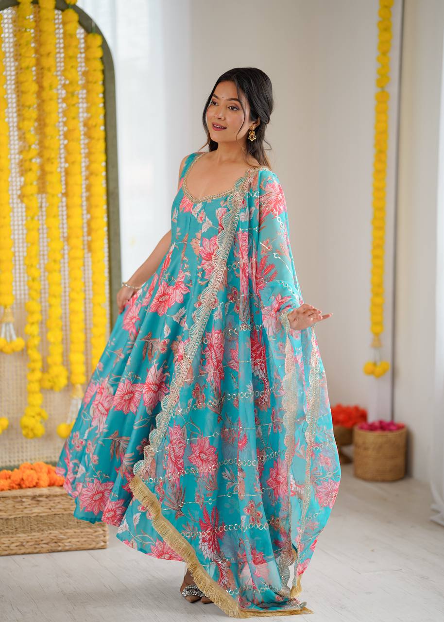 Pure Muslin Salwar Kameez with Floral Print and Organza Dupatta for Festivals