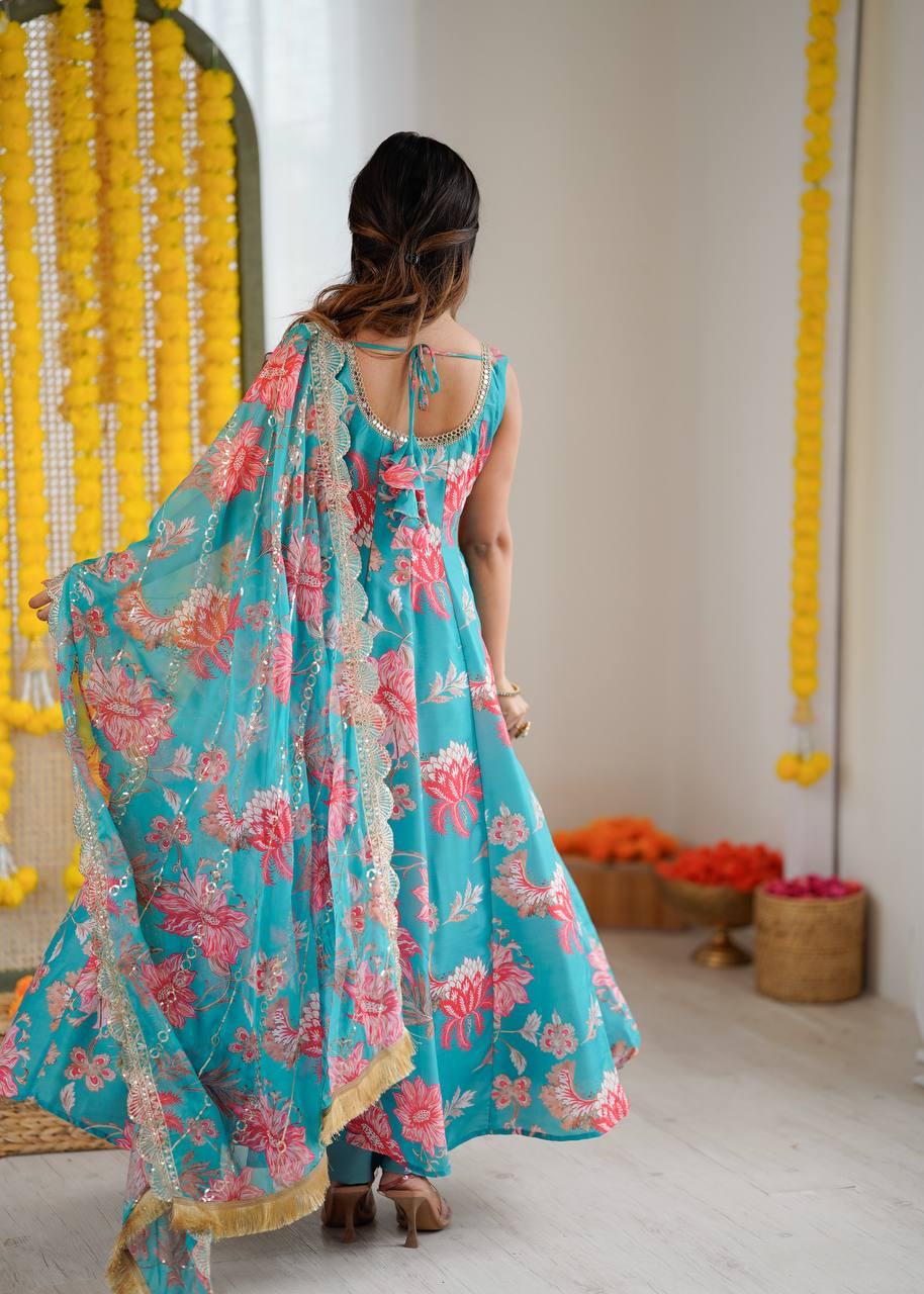 Pure Muslin Salwar Kameez with Floral Print and Organza Dupatta for Festivals