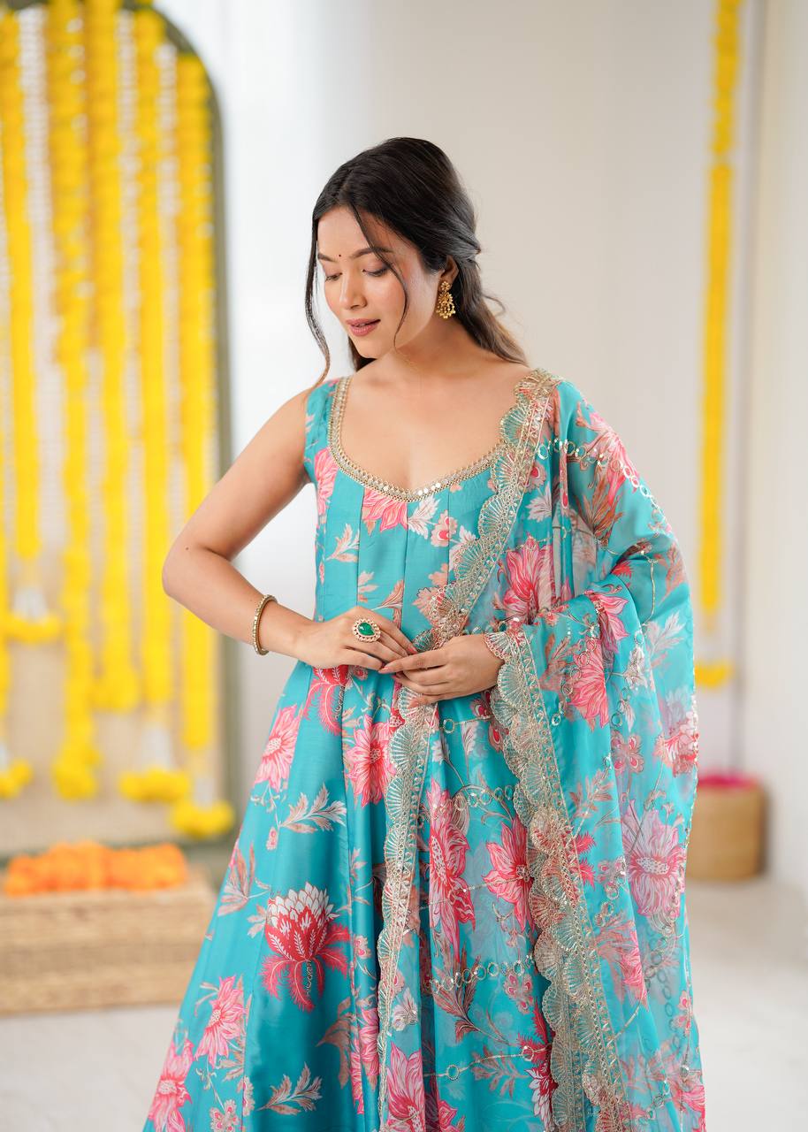Pure Muslin Salwar Kameez with Floral Print and Organza Dupatta for Festivals