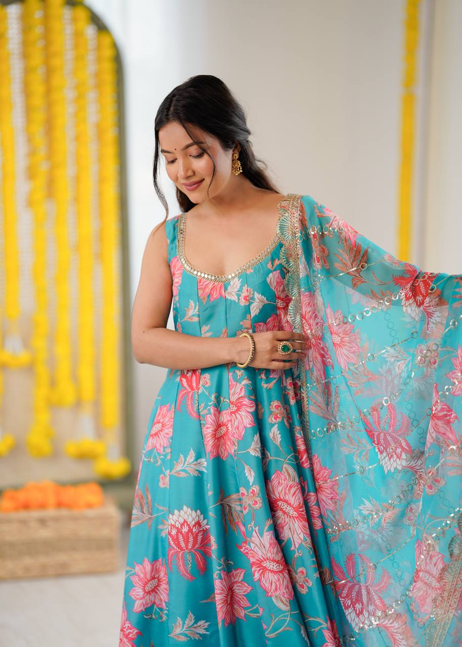 Pure Muslin Salwar Kameez with Floral Print and Organza Dupatta for Festivals