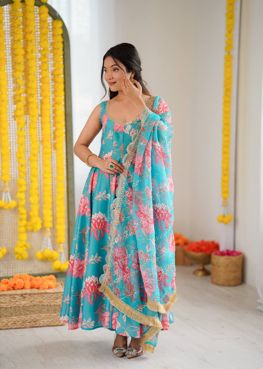 Pure Muslin Salwar Kameez with Floral Print and Organza Dupatta for Festivals